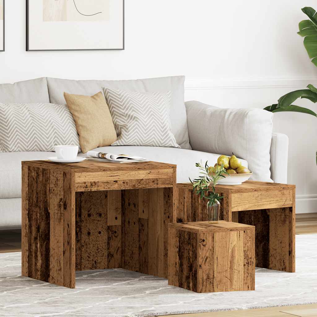 3-delige Tafeltjesset bewerkt hout oud houtkleurig