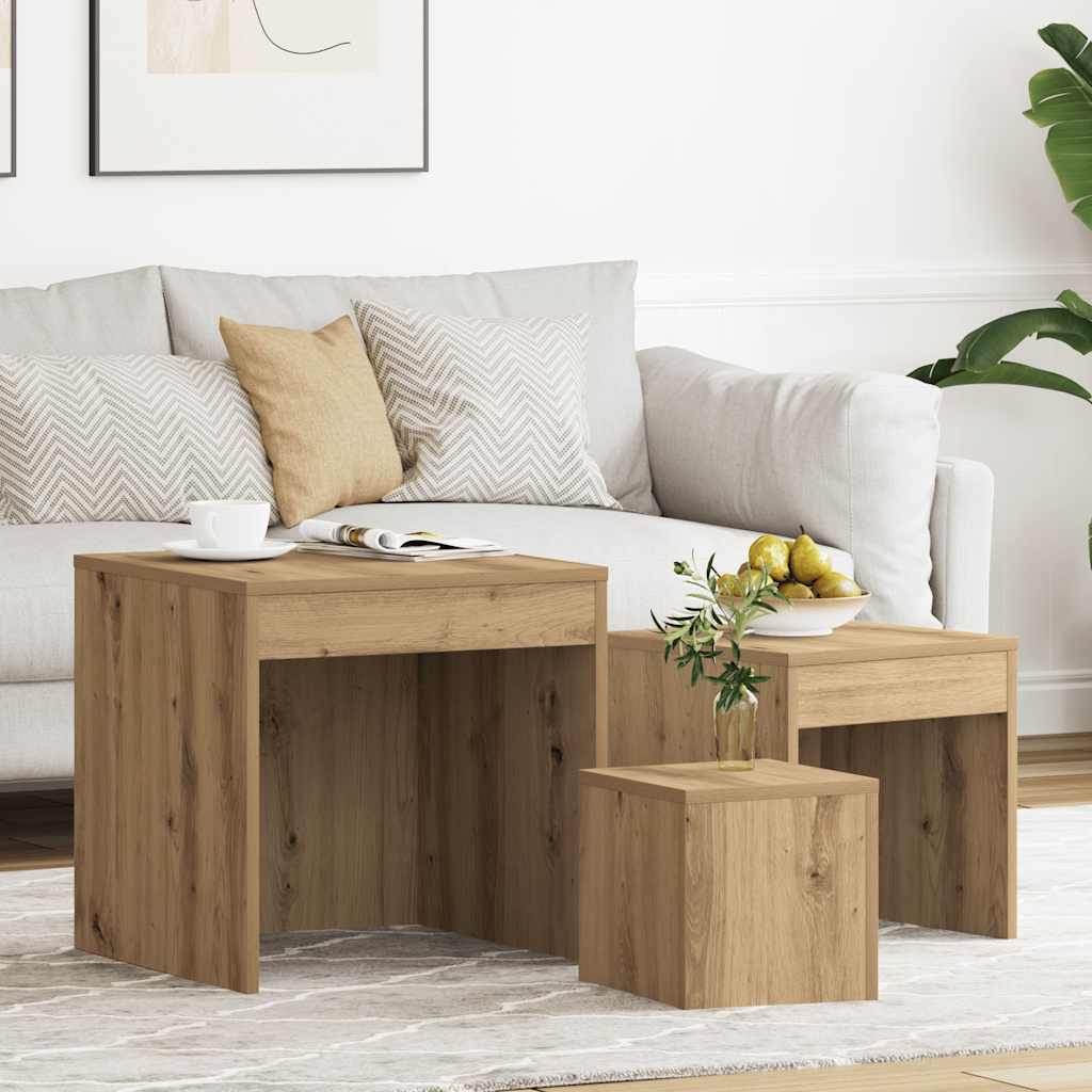 3-delige Tafeltjesset bewerkt hout artisanaal eikenkleur