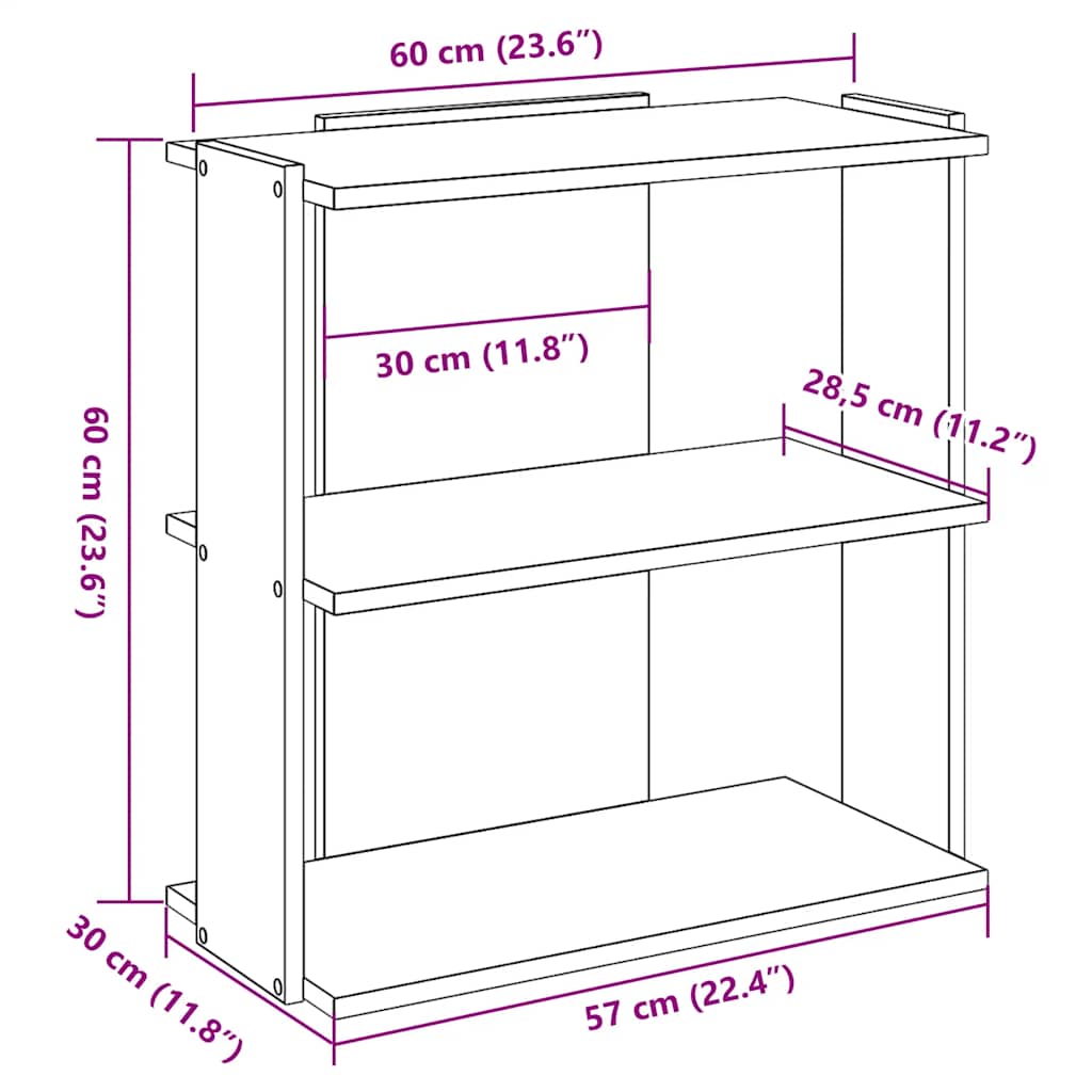 Boekenkast 3-laags 60x30x60 cm bewerkt hout sonoma eikenkleurig – afbeelding 8