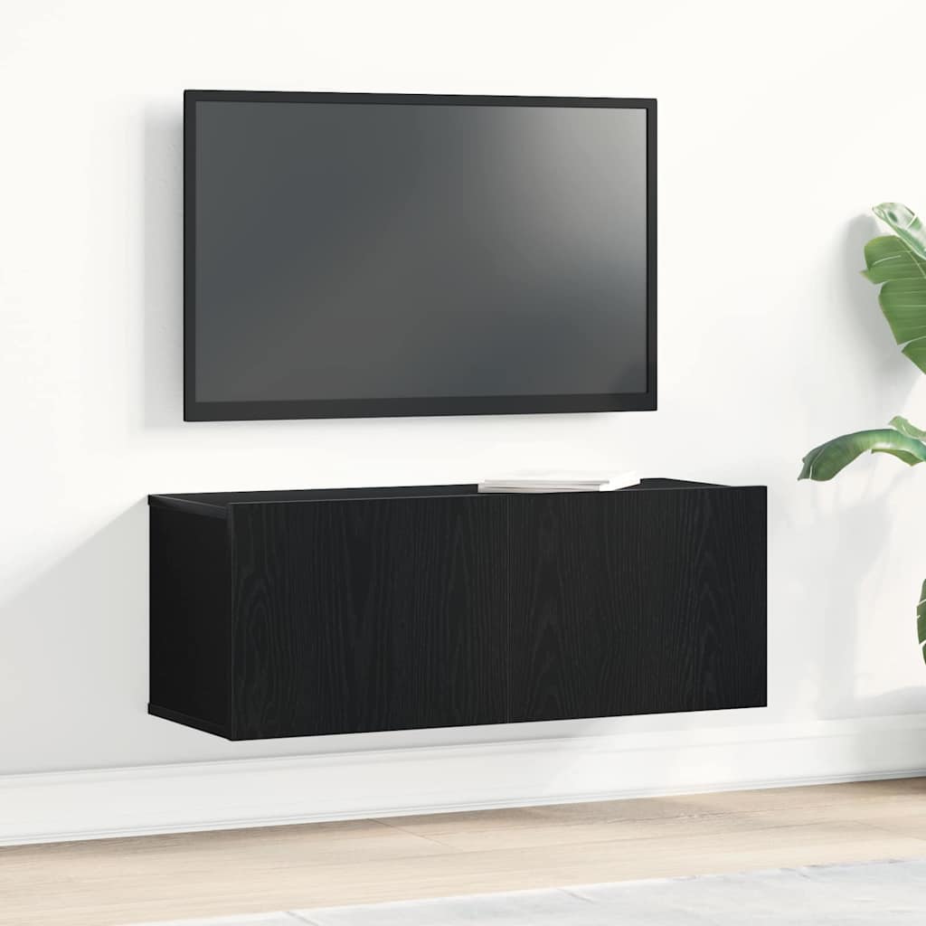 TV-kast Wandgemonteerd Zwart Eiken 80 x 30 x 30 cm Bewerkt hout – afbeelding 1