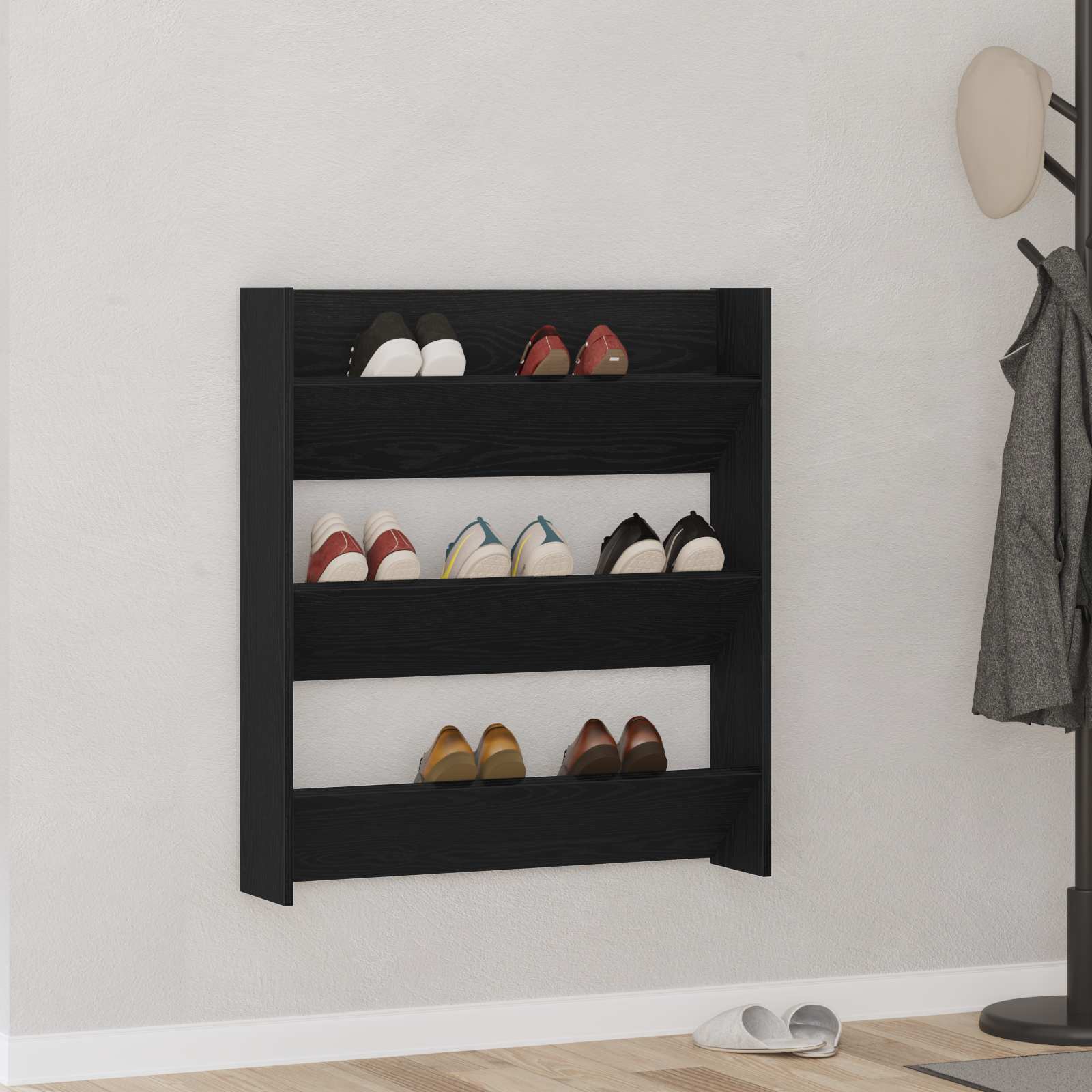 Schoenenkast met plank Zwart Eiken 80 x 18 x 90 cm Bewerkt hout
