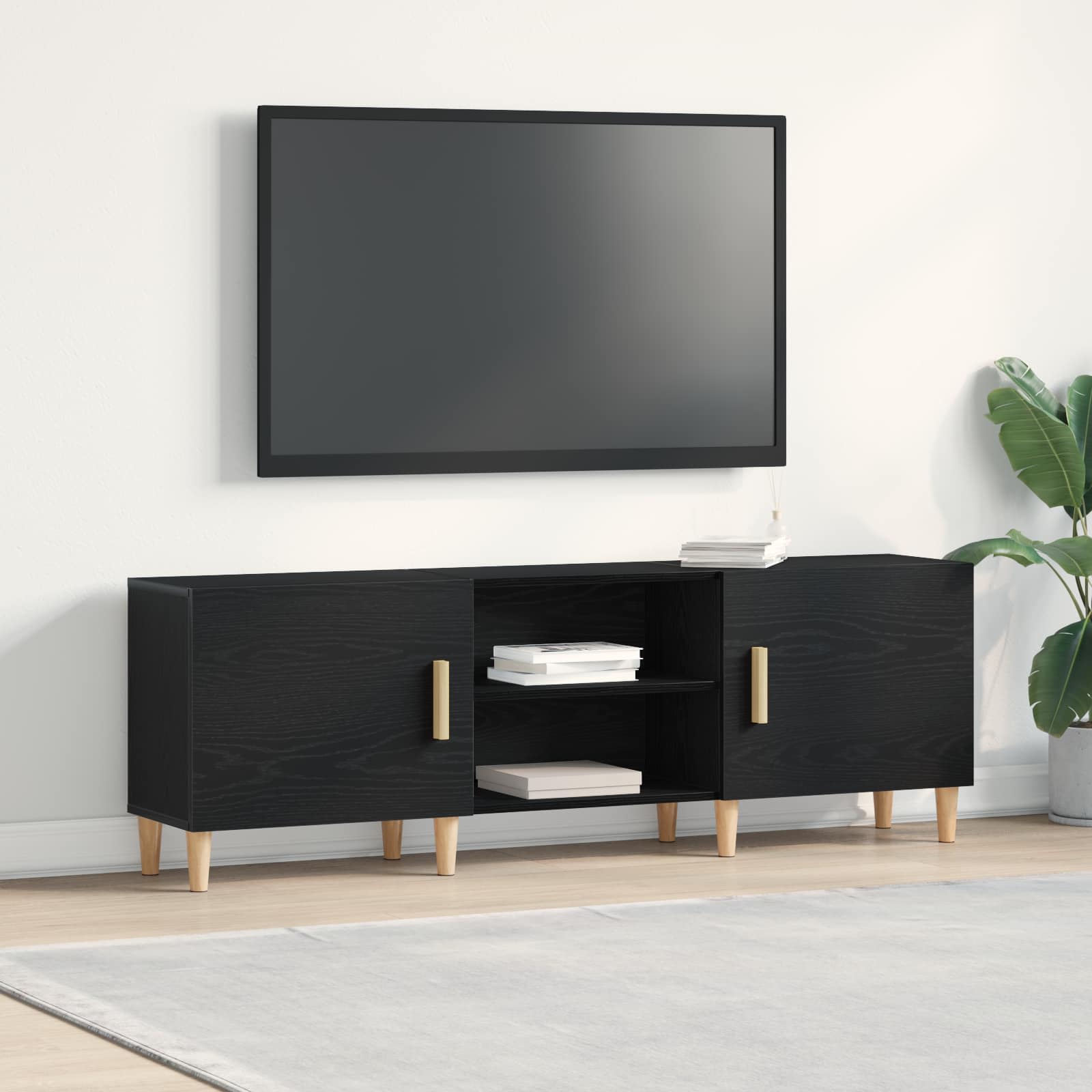 TV-kast Zwart Eiken 150 x 30 x 50 cm Bewerkt hout – afbeelding 1