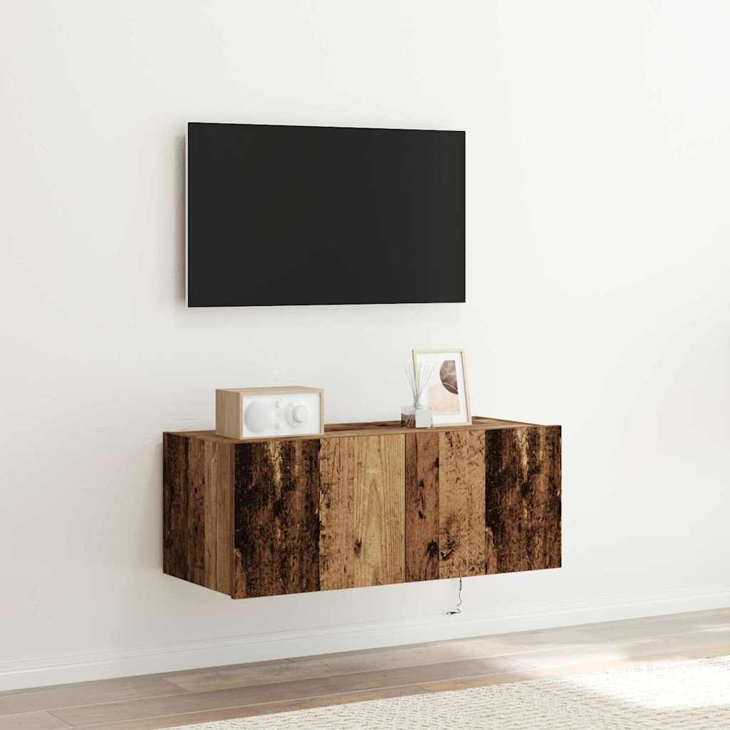 TV Wandkast met LED Oudhout 80 x 35 x 31 cm Bewerkt hout