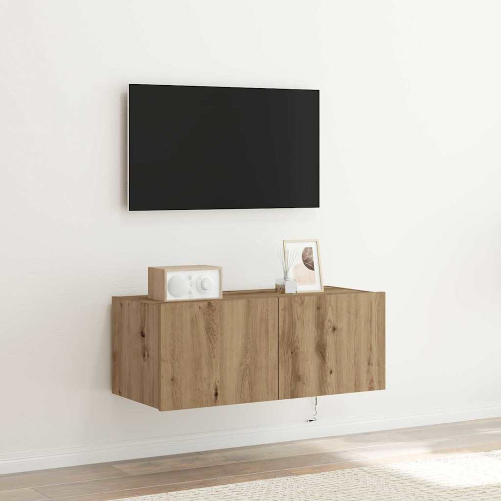 TV Wandkast met LED Artisan Eiken 80 x 35 x 31 cm Bewerkt hout – afbeelding 1