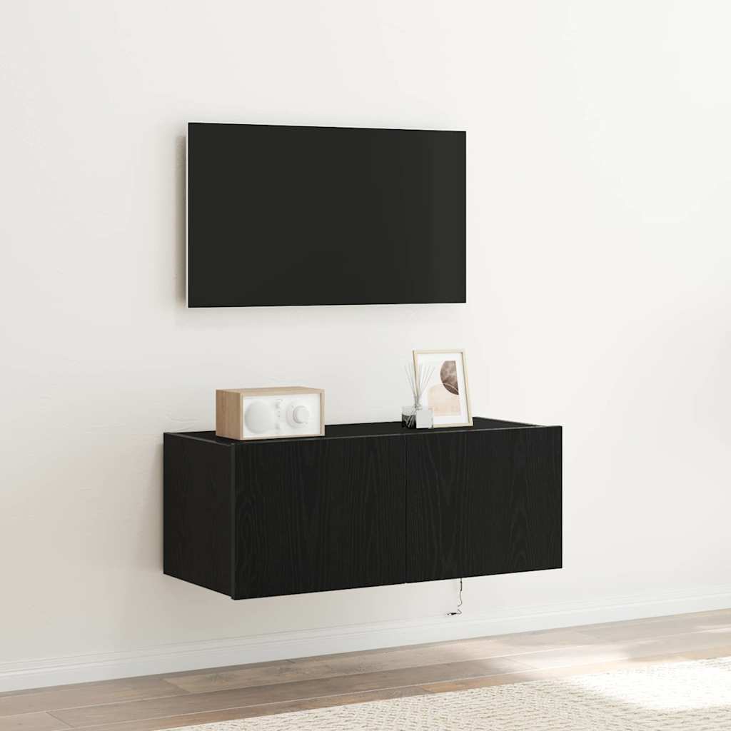 TV Wandkast met LED Zwart Eiken 80 x 35 x 31 cm Bewerkt hout