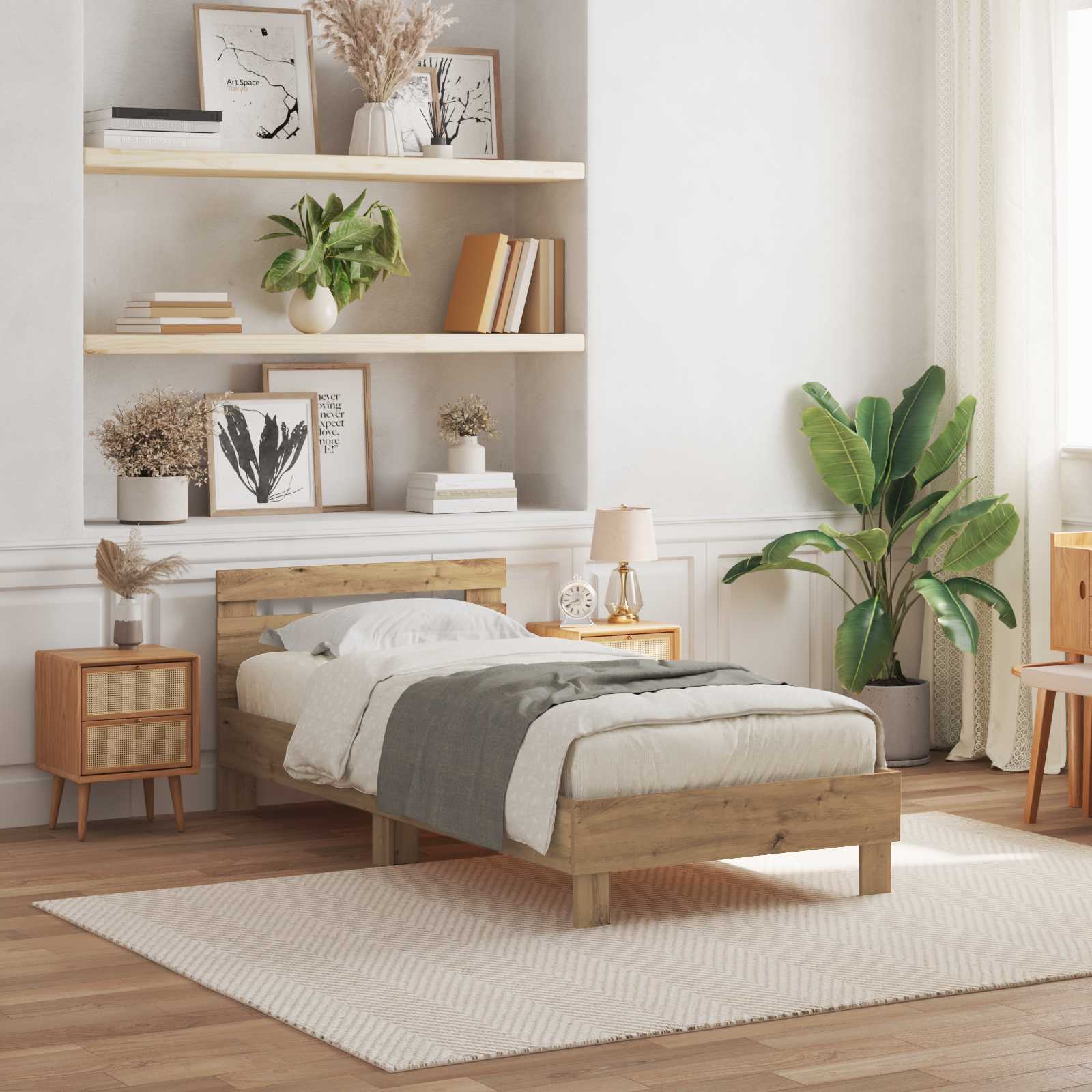 Bedframe met LED Artisan Eiken 100 x 200 cm Bewerkt hout – afbeelding 1