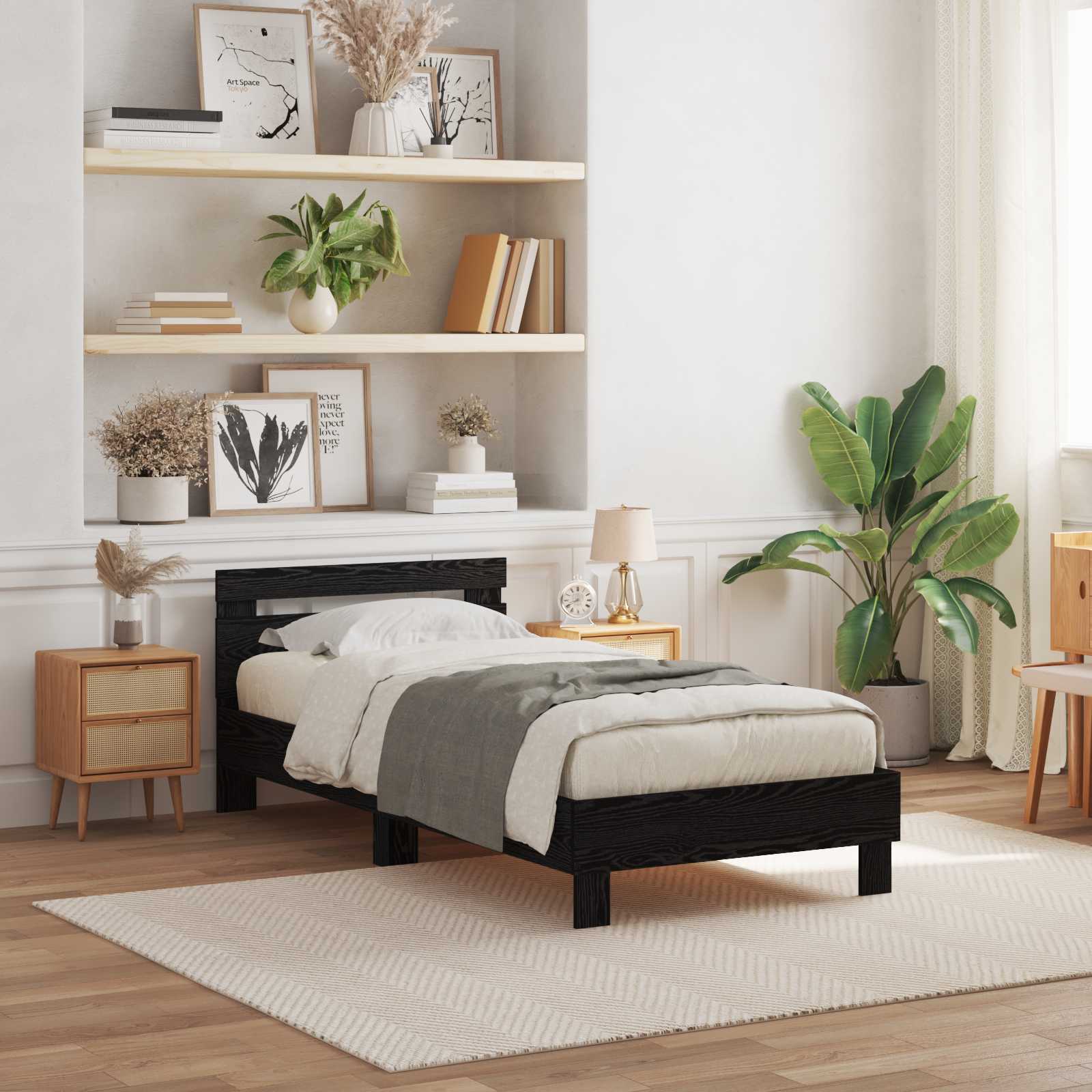 Bedframe met LED Zwart Eiken 75 x 190 cm Bewerkt hout – afbeelding 1