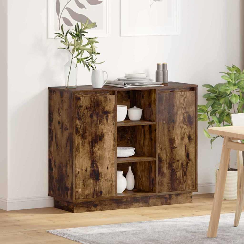 LED Sideboard Gerookt eiken 90 x 32 x 75 cm Bewerkt hout – afbeelding 1