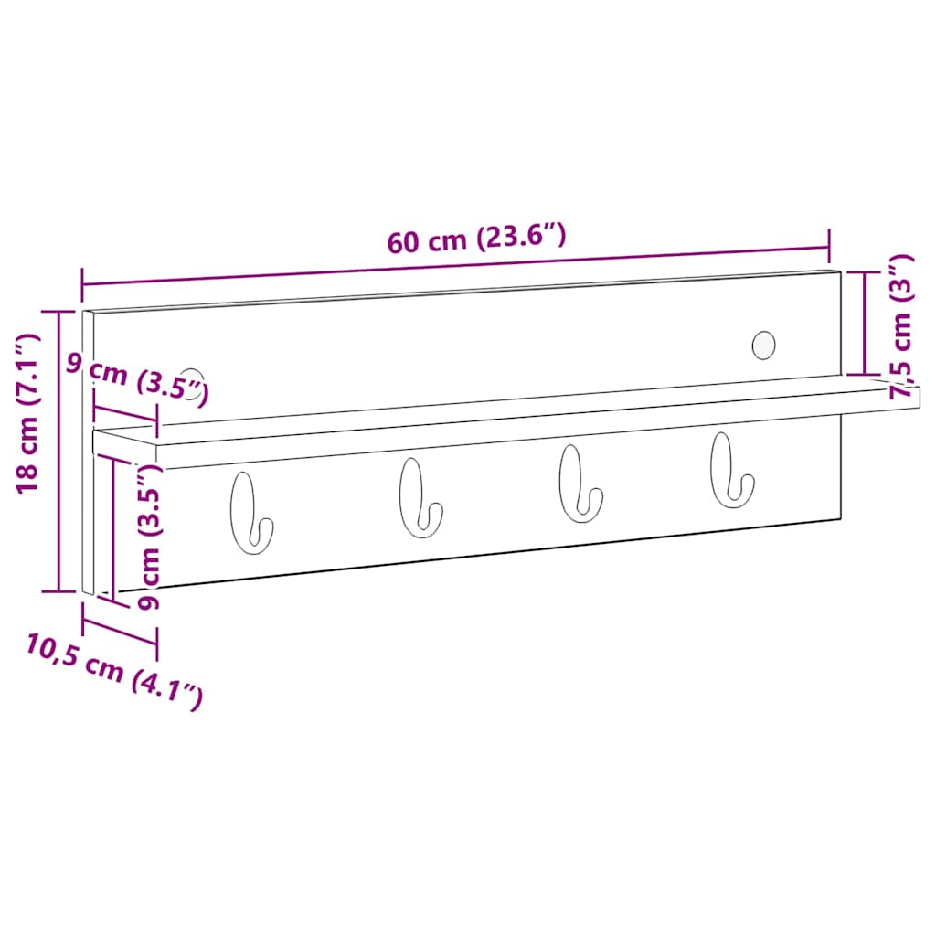 Wandgemonteerde kapstok Zwart Eiken 60 x 10,5 x 18 cm – afbeelding 12