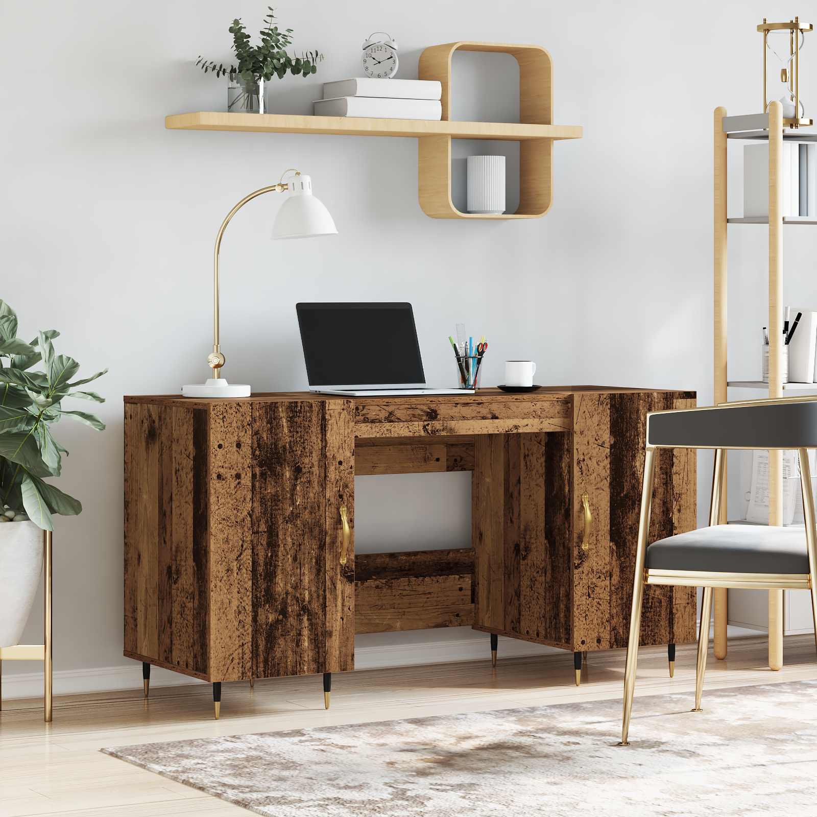 Bureau met plank Oud hout 140 x 50 x 75 cm Bewerkt hout – afbeelding 1