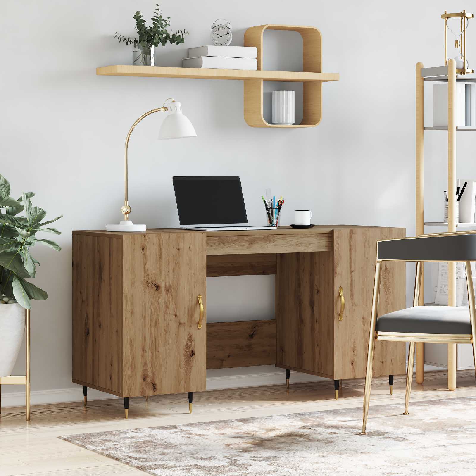 Bureau artisanaal eikenkleurig Bewerkt hout 140 x 50 x 75 cm – afbeelding 1