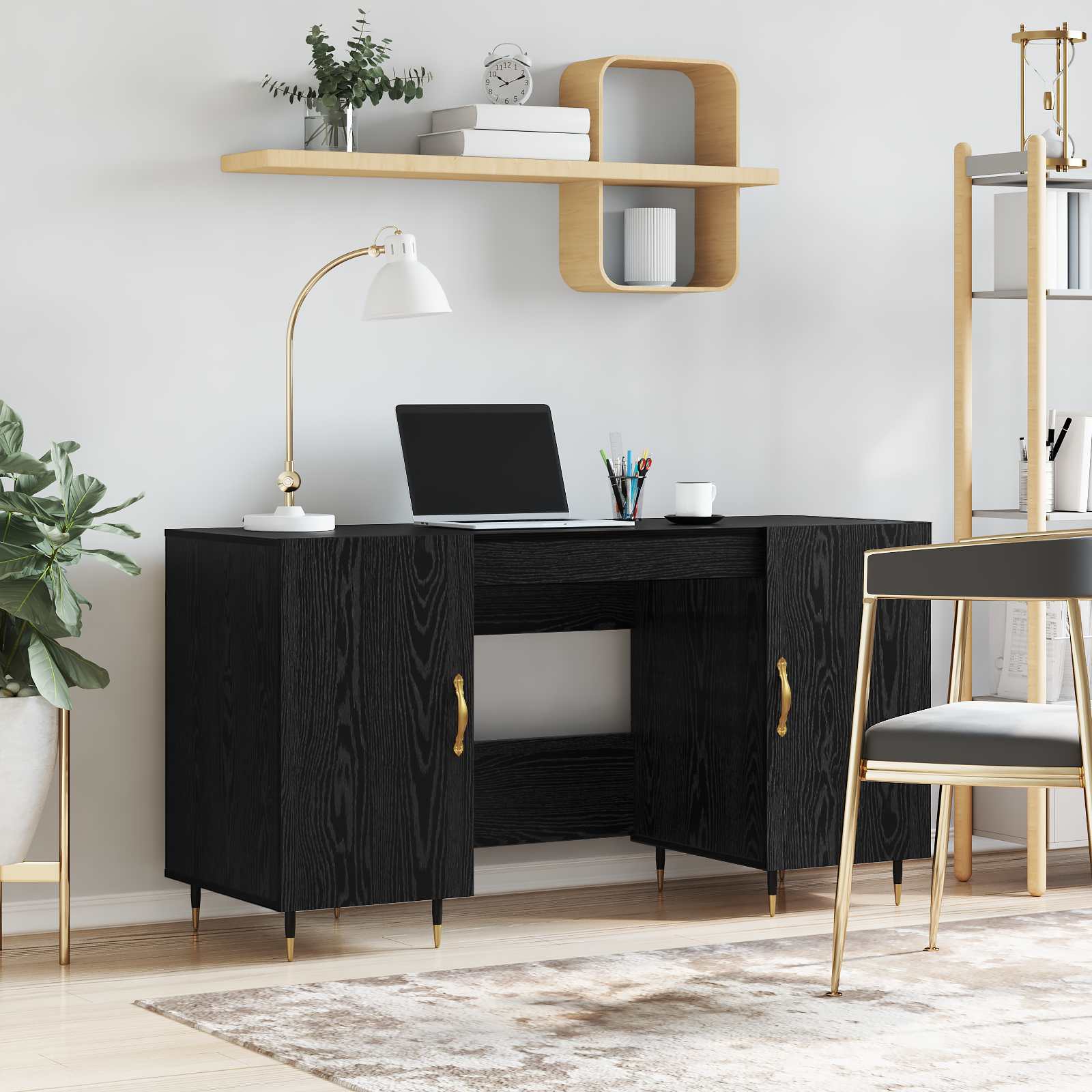 Bureau met plank Zwart eiken 140 x 50 x 75 cm Bewerkt hout