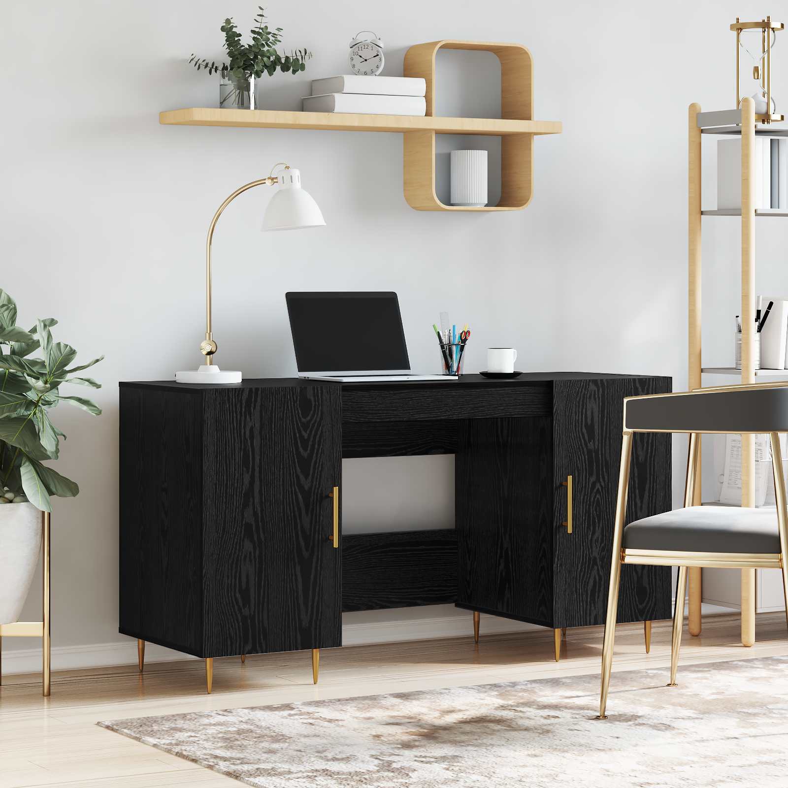 Bureau met plank met opslag Zwart eiken Bewerkt hout