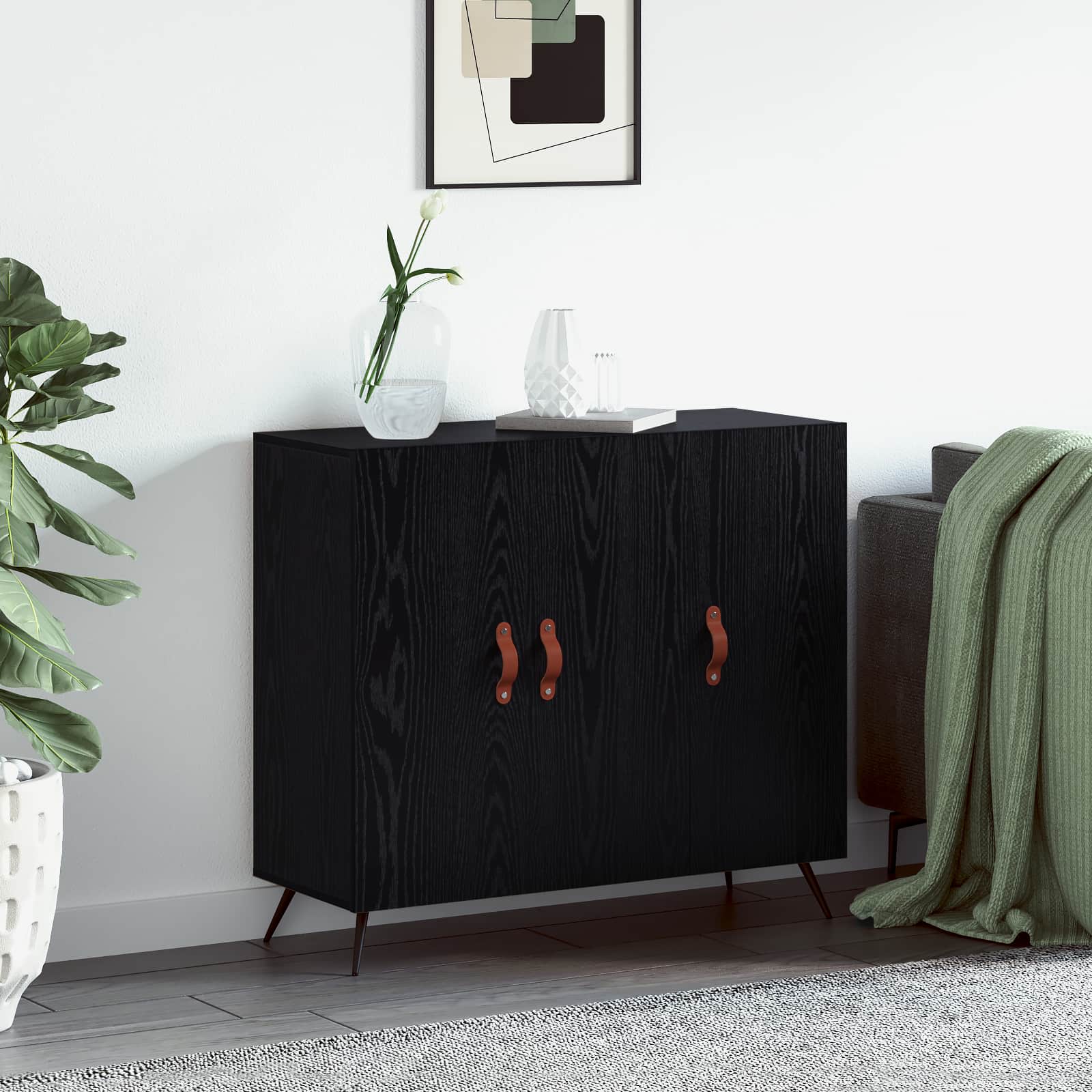 Dressoir Zwart Eiken 89,5 x 34 x 80 cm Bewerkt hout