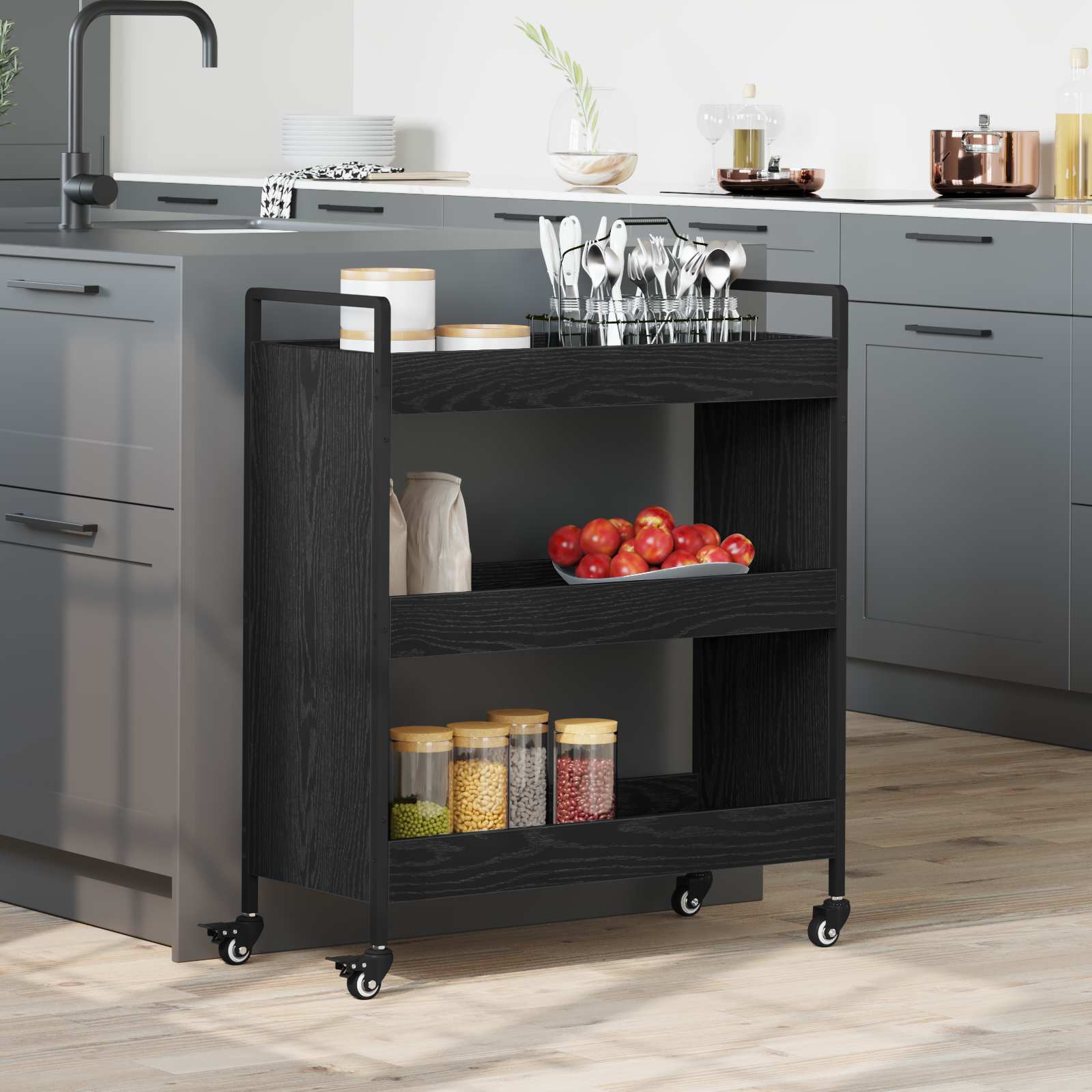 Keuken Trolley Zwart Eiken 70 x 30 x 82 cm Bewerkt hout