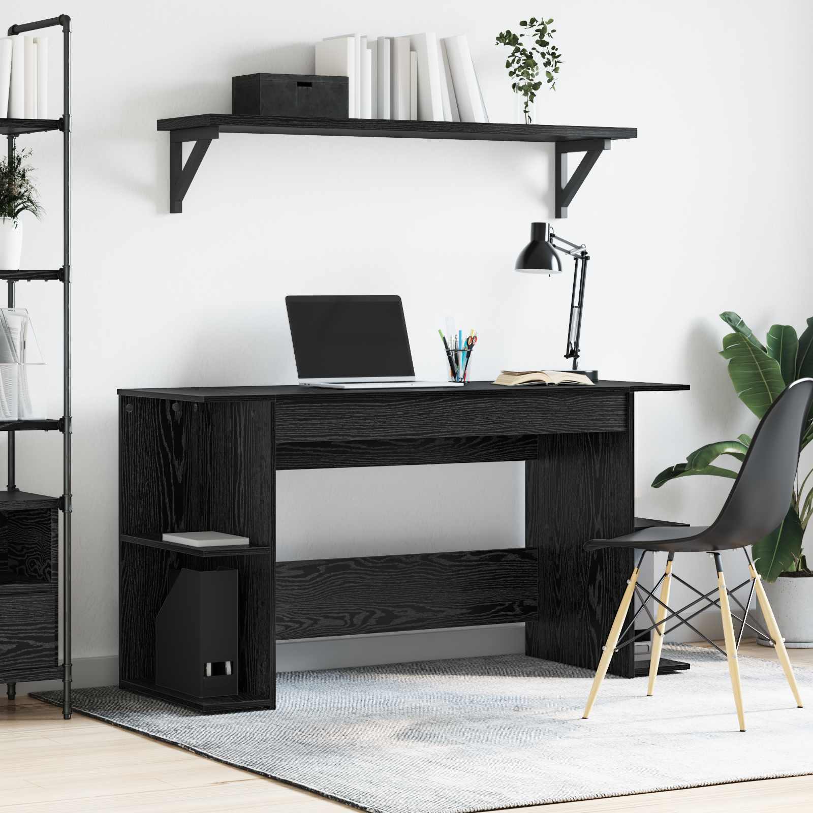 Bureau met plank Zwart eiken 140 x 50 x 75 cm Bewerkt hout