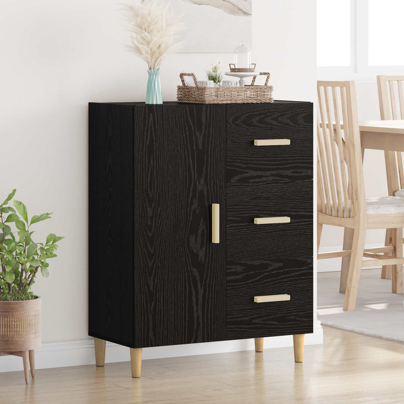 Dressoir met lade Zwart eiken 34 x 69.5 x 90 cm Bewerkt hout