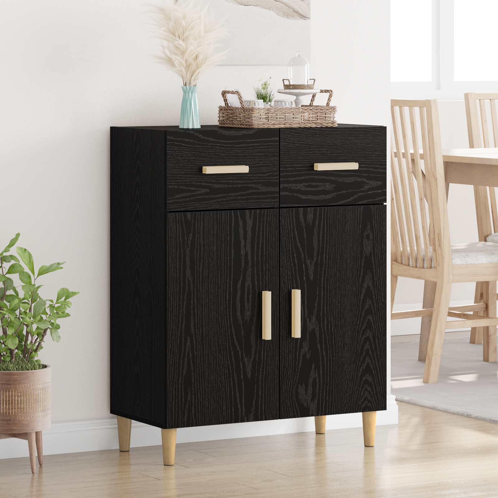Dressoir met lade Zwart eiken 34 x 69.5 x 89 cm Bewerkt hout