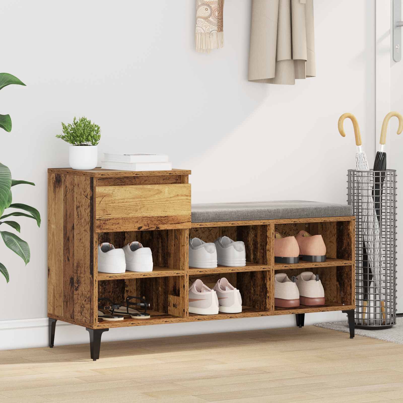 Schoenenkast met lade Oud hout 102 x 36 x 60 cm Bewerkt hout – afbeelding 1