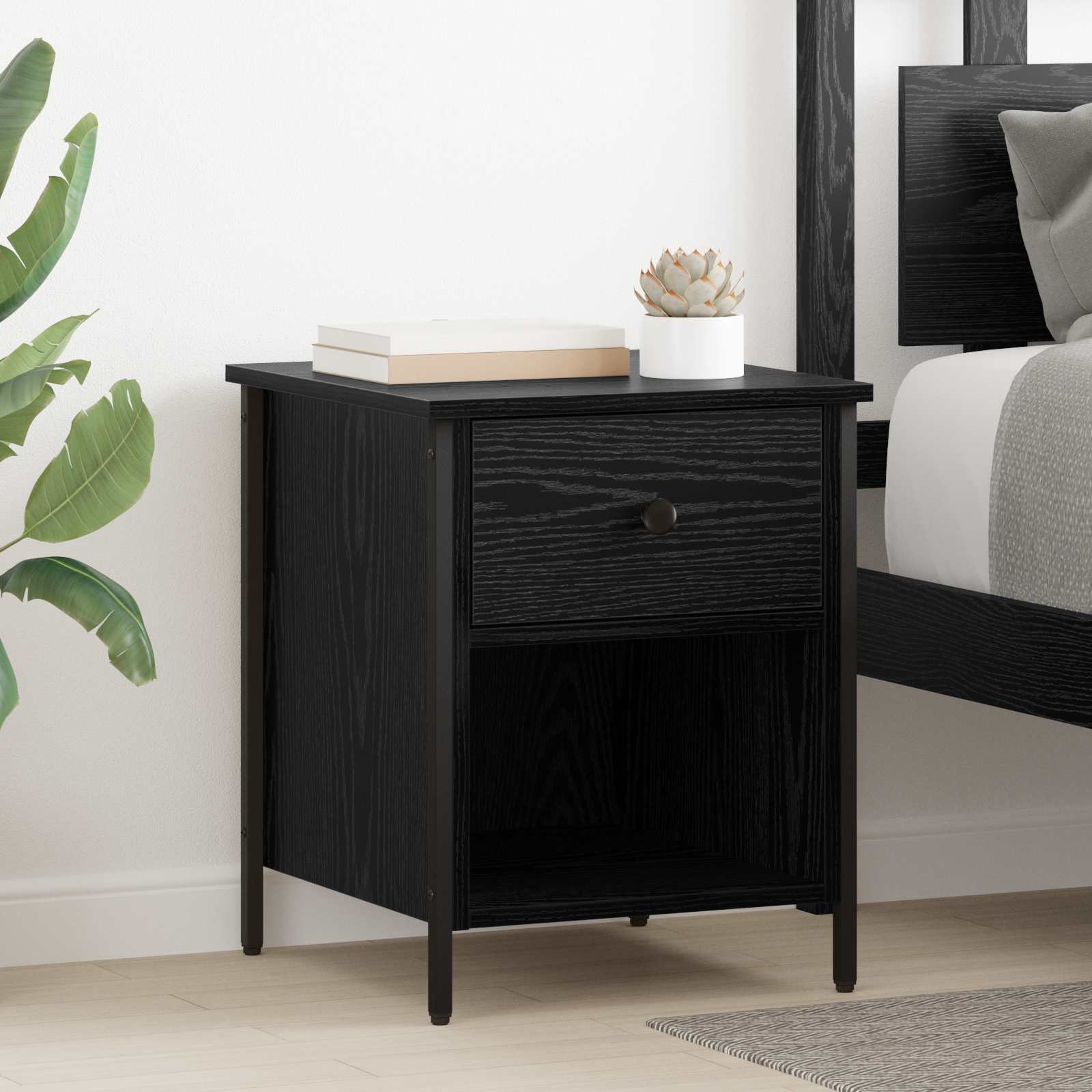 Nachtkastje met lade Zwart Eiken 40 x 42 x 50 cm Bewerkt hout – afbeelding 1
