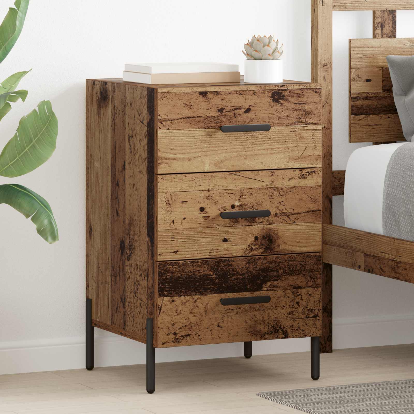 Nachtkastje met lade Oudhout 40 x 40 x 66 cm Bewerkt hout – afbeelding 1