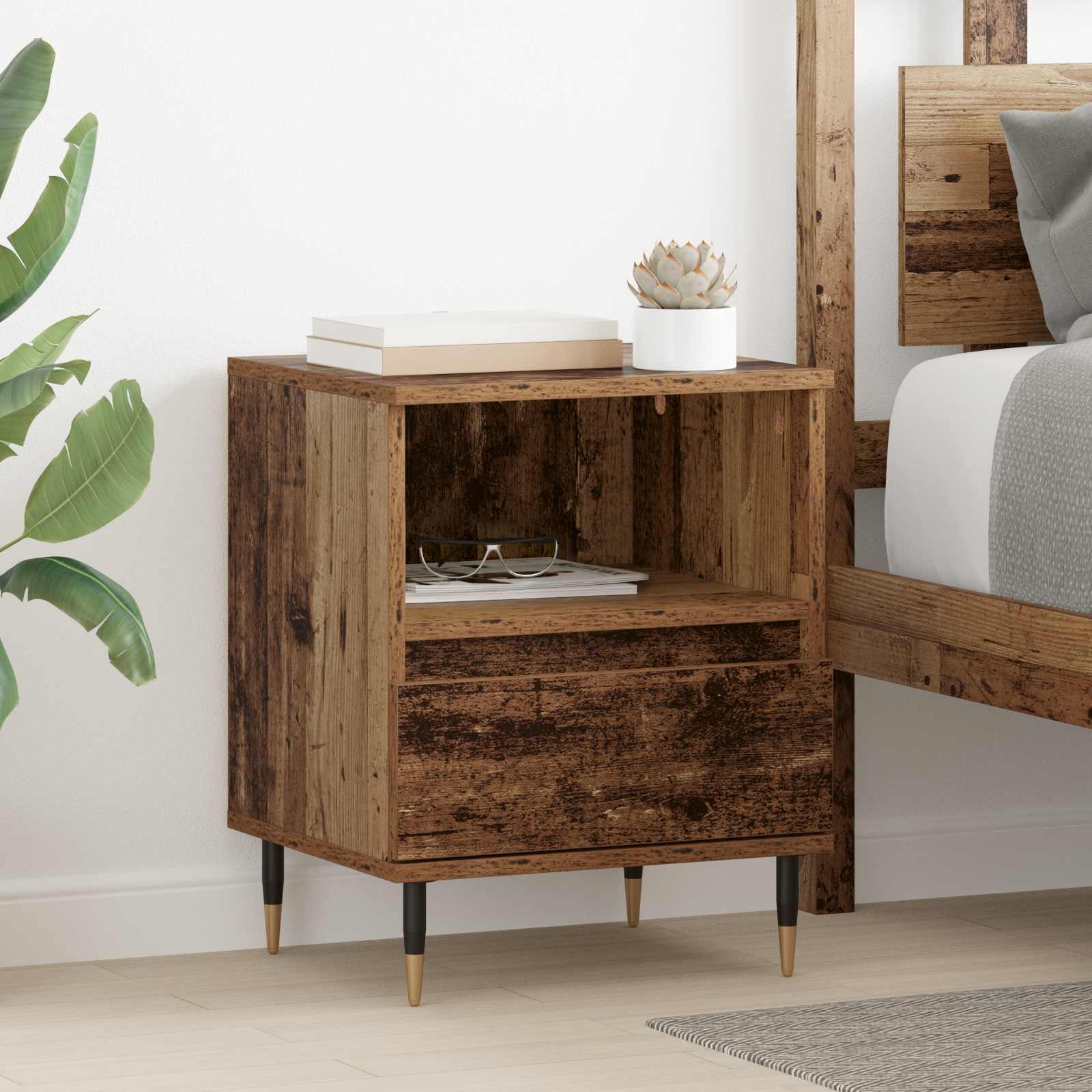 Nachtkastje met lade Oudhout 40 x 35 x 50 cm Bewerkt hout – afbeelding 1