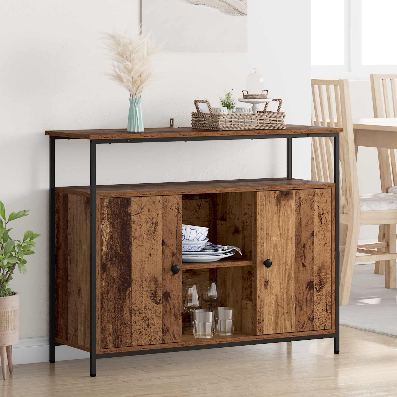 Dressoir Oud Hout 100 x 35 x 80 cm Bewerkt hout