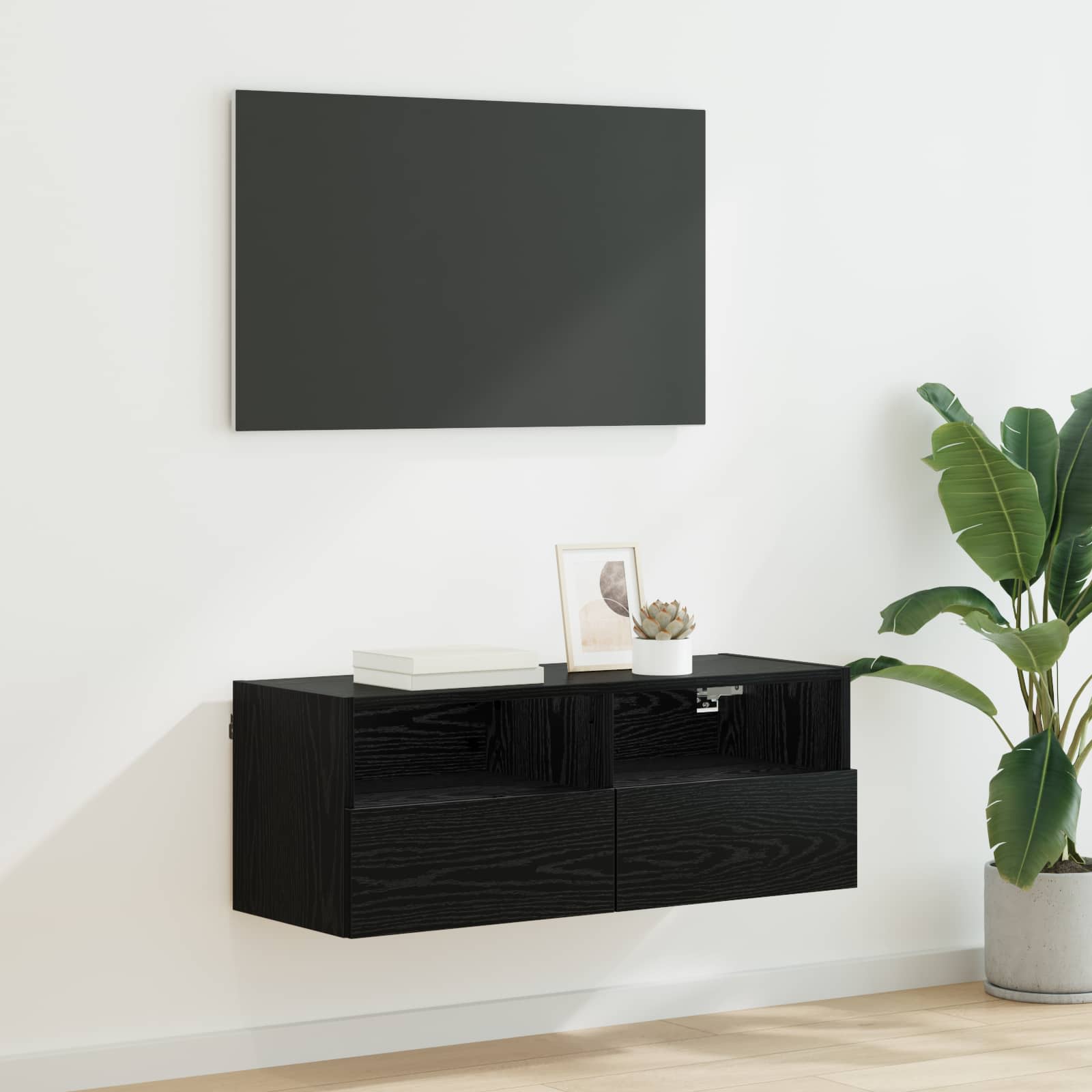 TV Wandkast Zwart Eiken 80 x 30 x 30 cm Bewerkt hout