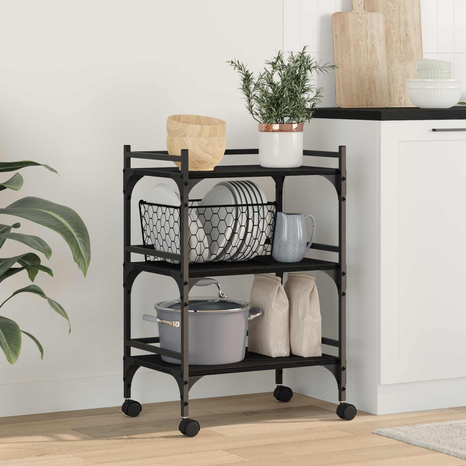 Keuken Trolley Zwart Eiken 50 x 35 x 75.5 cm Bewerkt hout