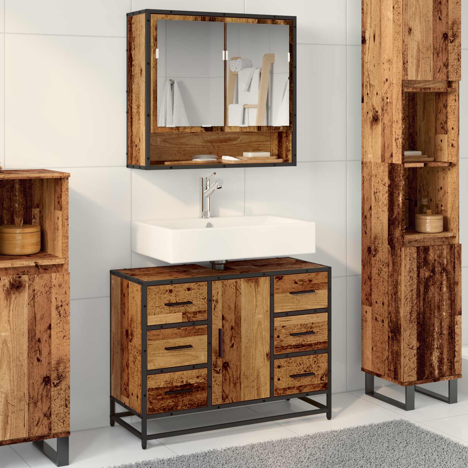 Badkamerkast met lade Oud Hout 80 x 33 x 60 cm Bewerkt hout