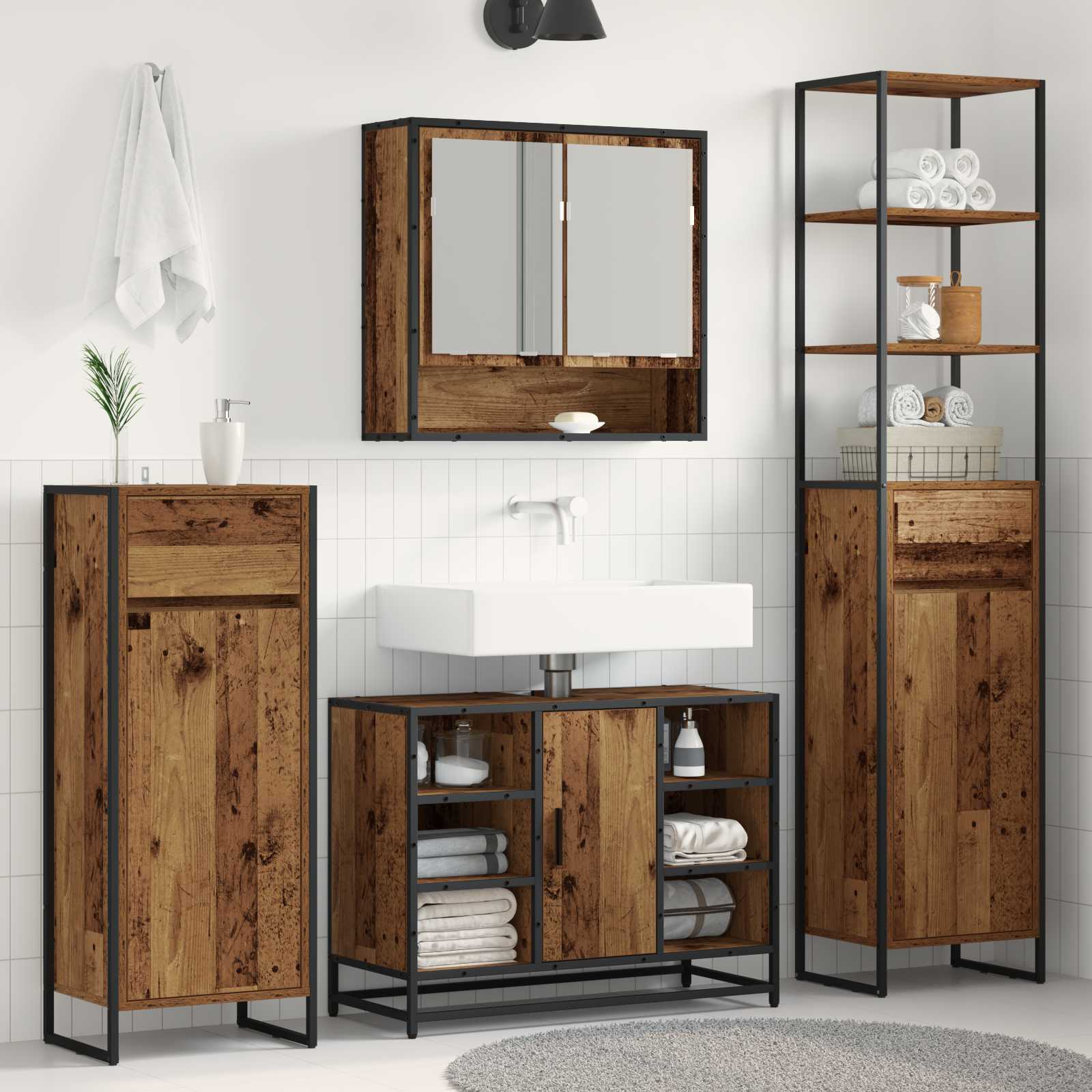 Badkamer Kast met lade Oud Hout 40 x 30 x 100 cm Bewerkt hout