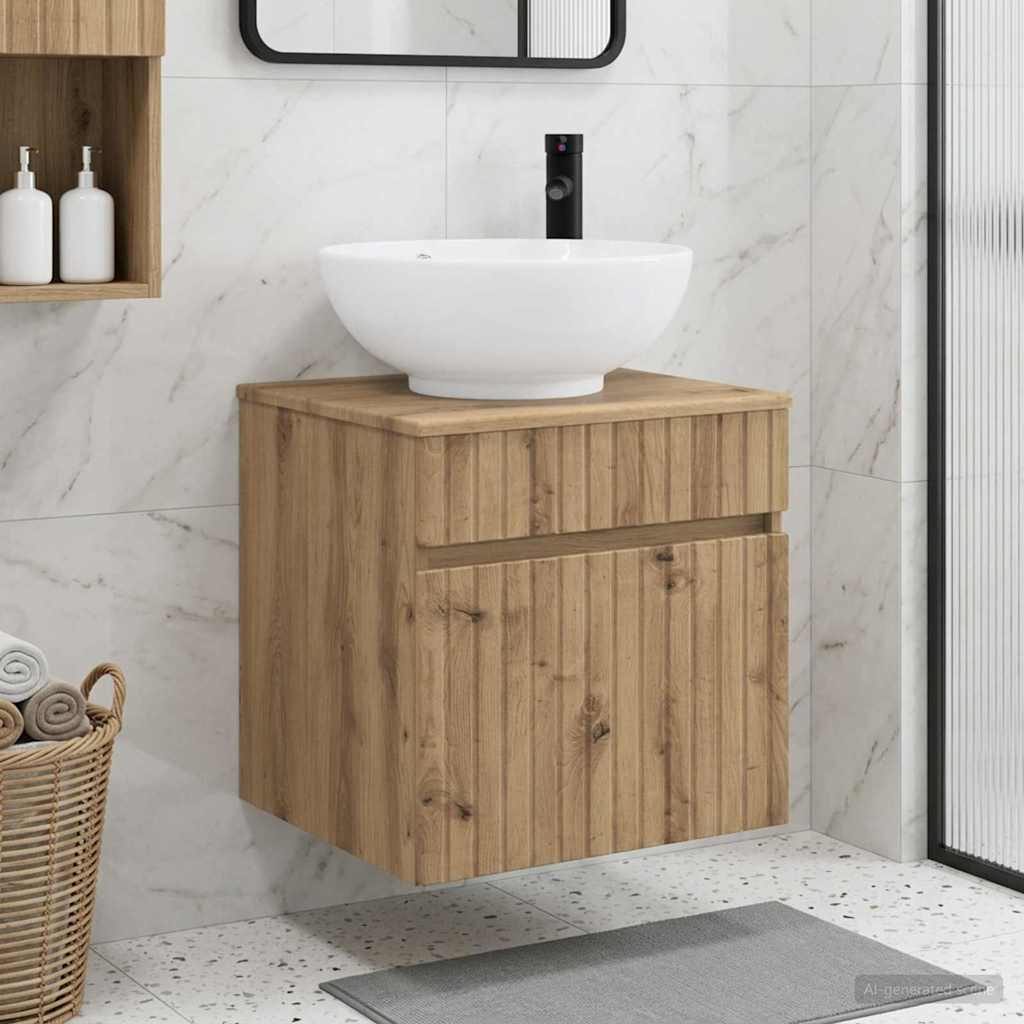 Wandgemonteerde wastafelmeubel Artisanaal eiken