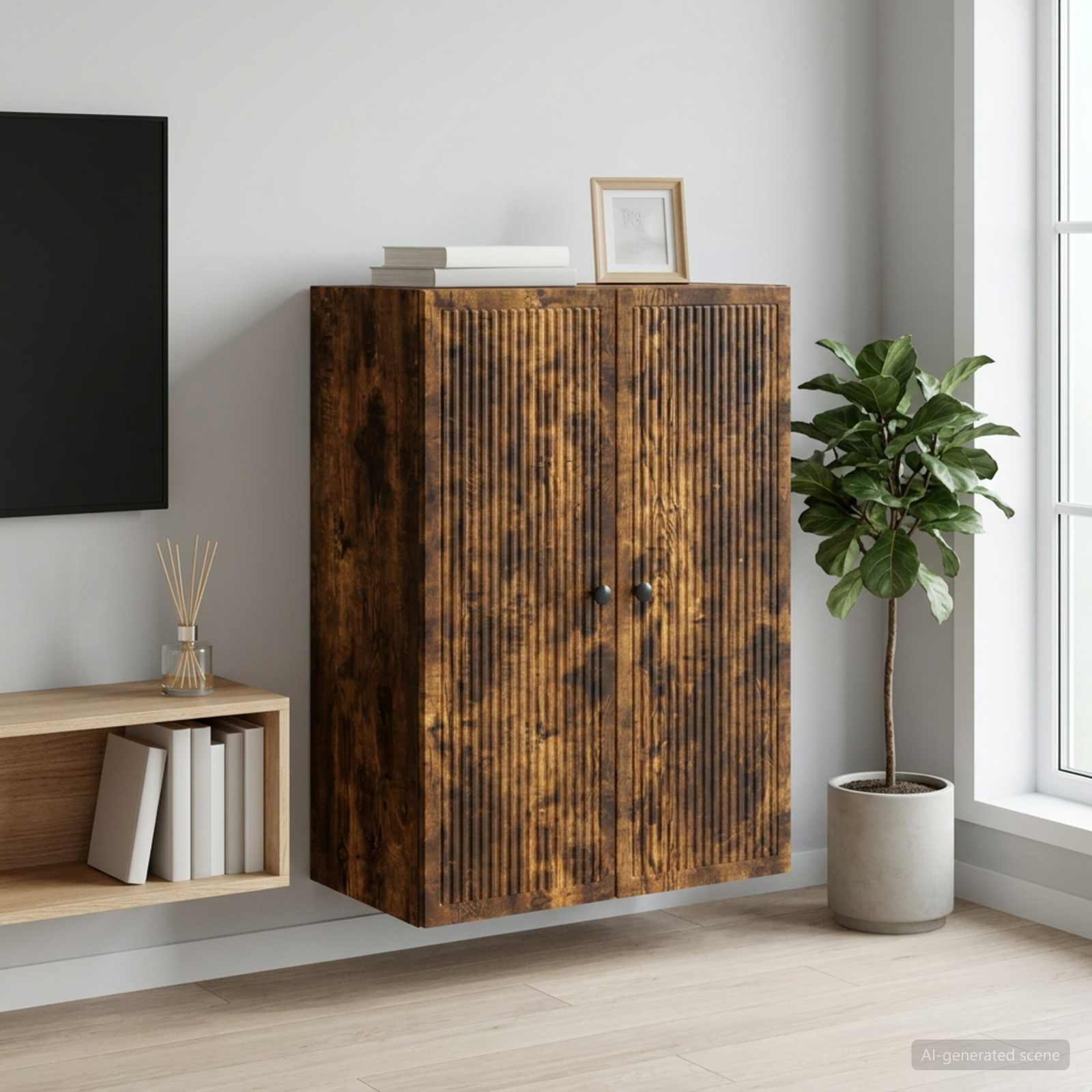 Wandkast Gerookt eiken 66 x 34,5 x 90 cm Bewerkt hout – afbeelding 1