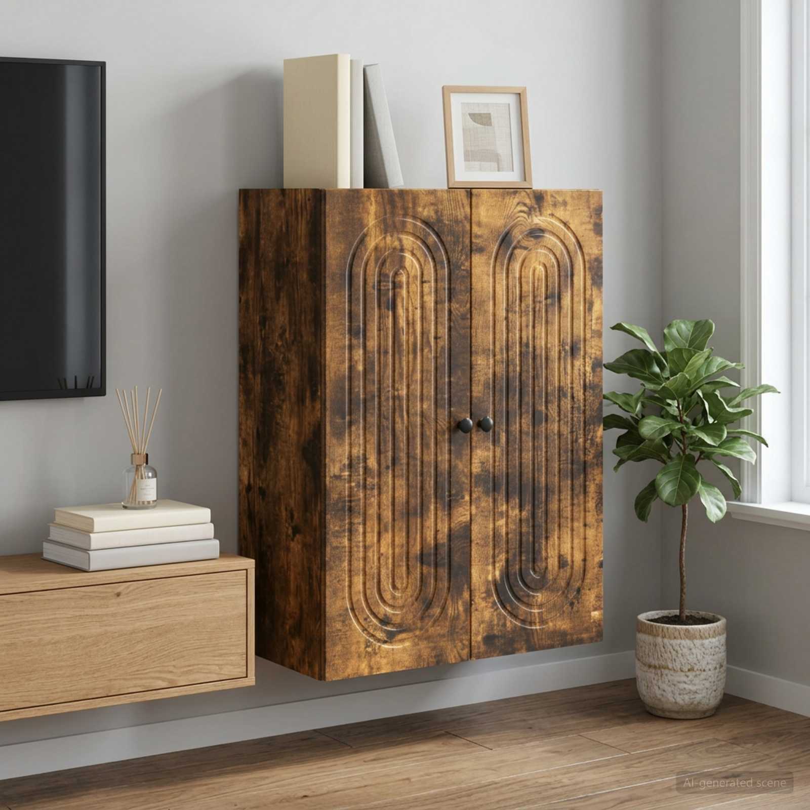 Wandkast Gerookt eiken 66 x 34,5 x 90 cm Bewerkt hout – afbeelding 1