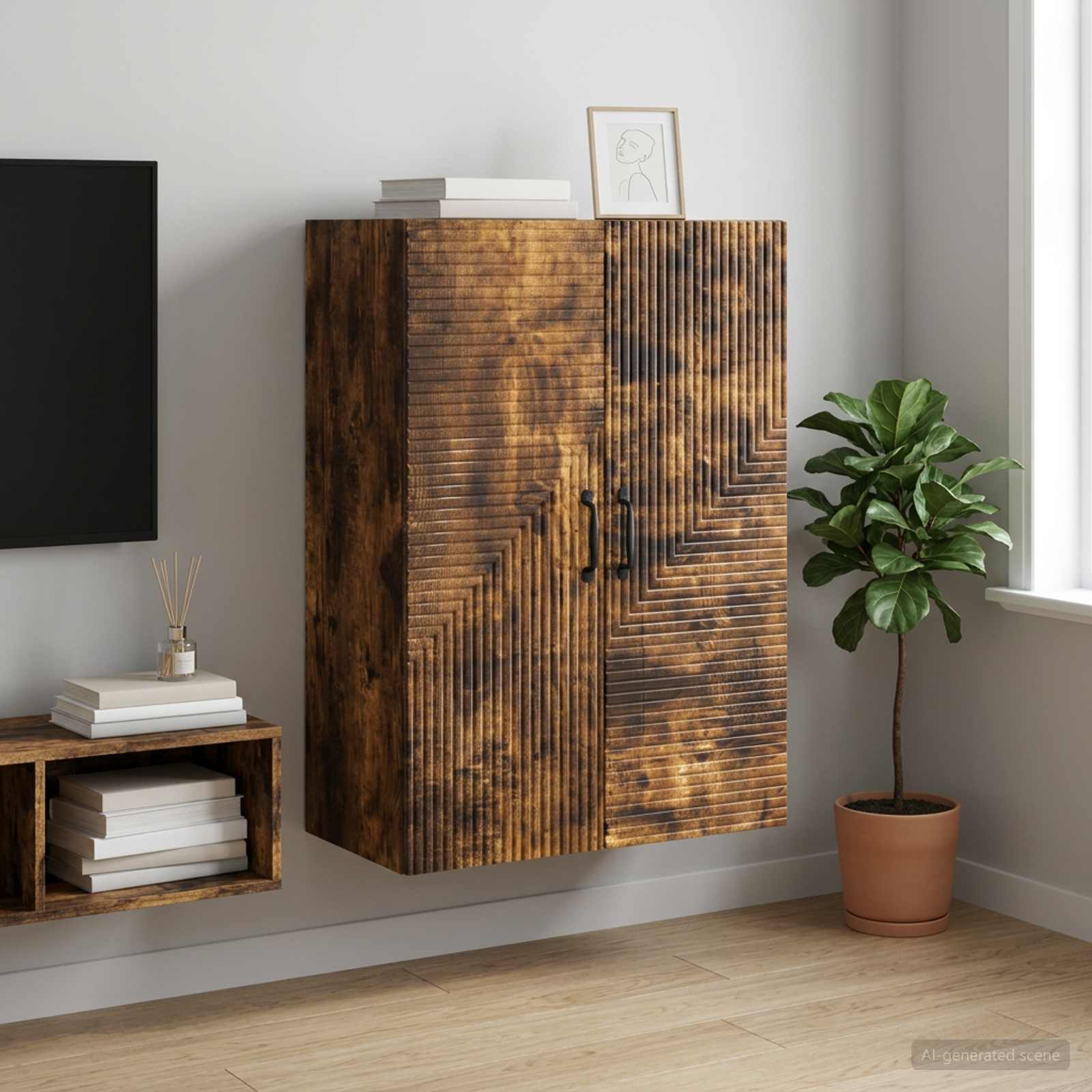 Wandkast Gerookt eiken 66 x 34,5 x 90 cm Bewerkt hout – afbeelding 1