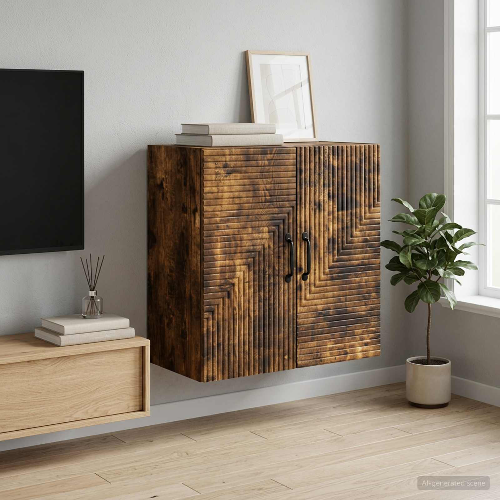 Wandkast Gerookt eiken 59 x 31 x 60 cm Bewerkt hout – afbeelding 1