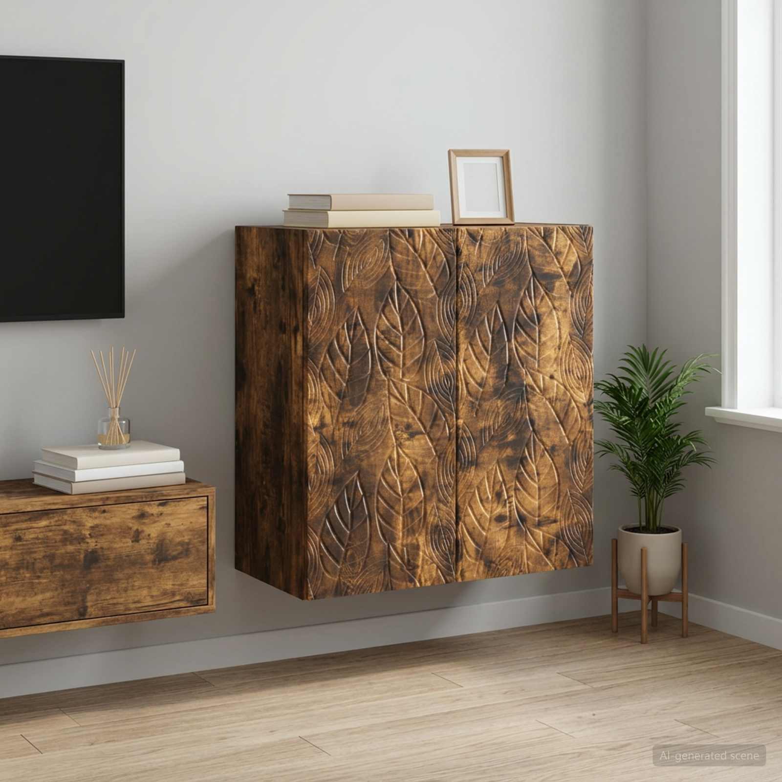 Wandkast Gerookt eiken 59 x 31 x 60 cm Bewerkt hout – afbeelding 1
