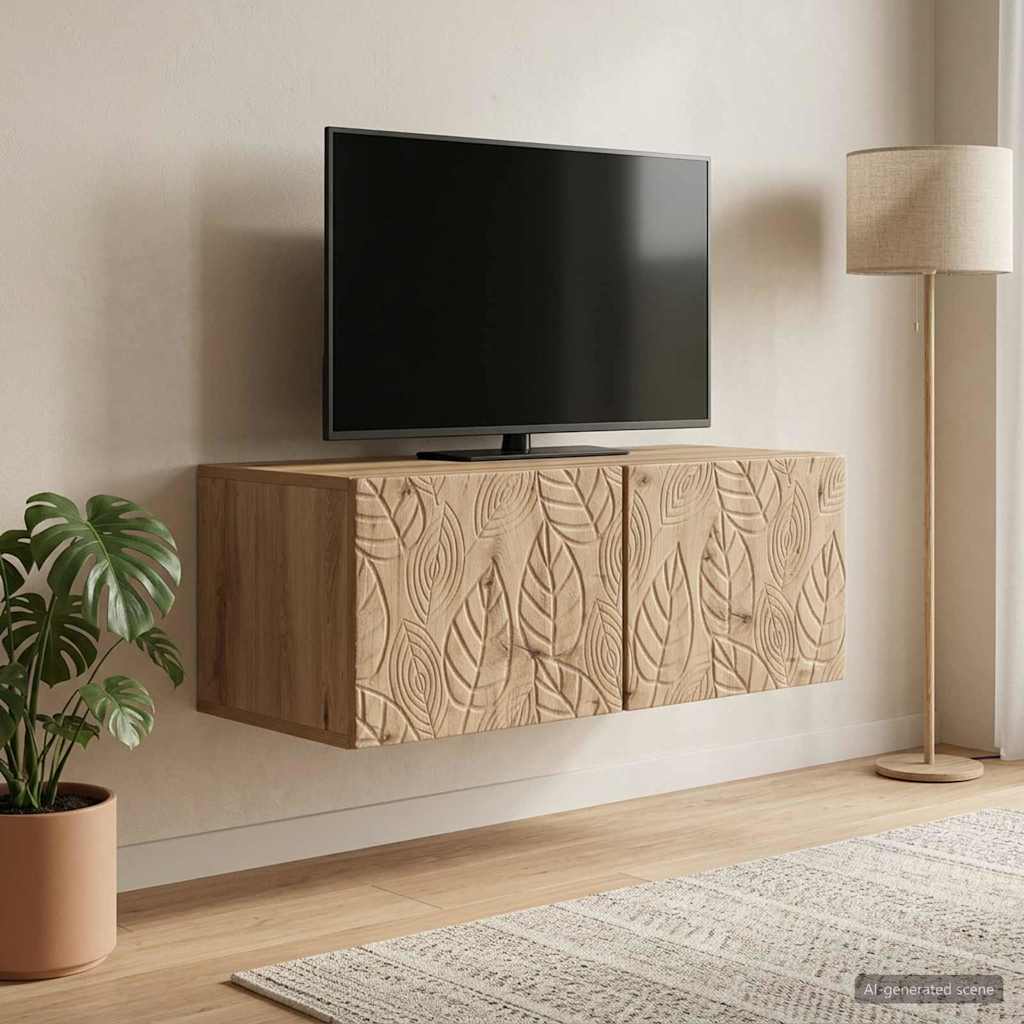 Wandbeugel TV-kast 98 x 31 cm Artisanaal eiken Bewerkt hout – afbeelding 1