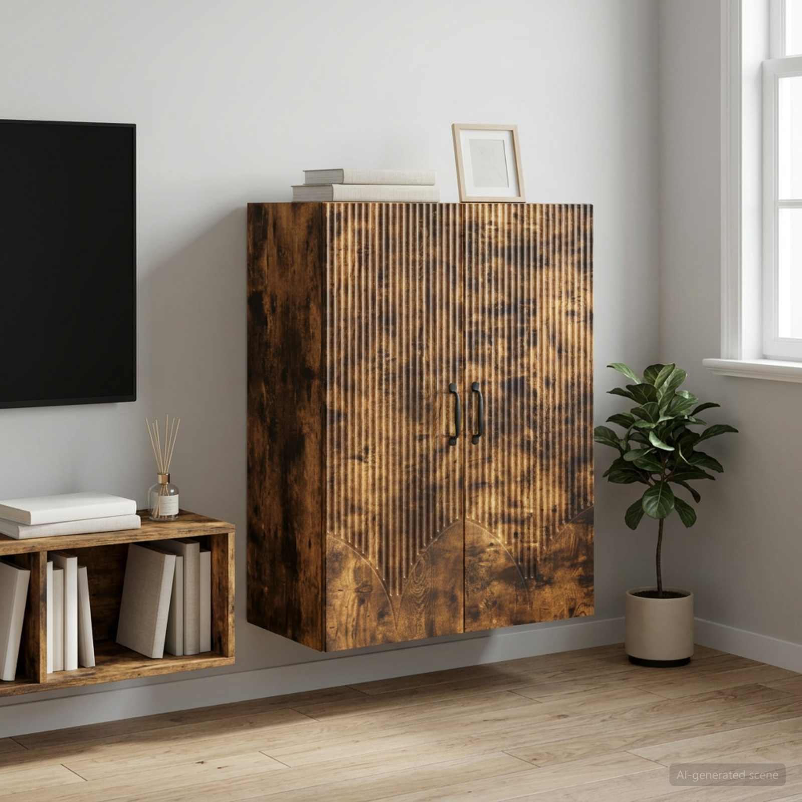 Wandkast Gerookt eiken 66 x 34,5 x 90 cm Bewerkt hout – afbeelding 1
