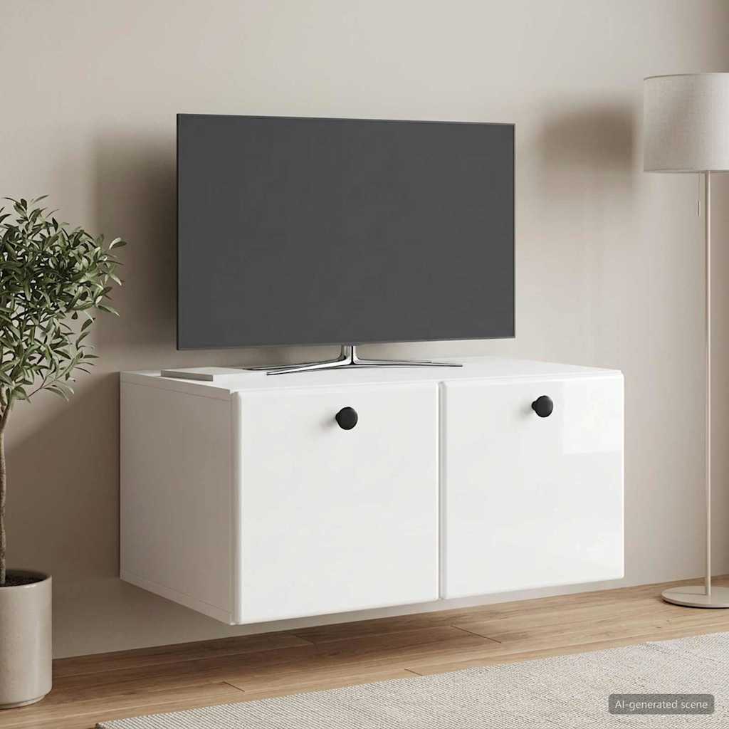 Wandbeugel TV-kast Hoogglans Wit 59,5 x 41 x 30 cm Bewerkt hout