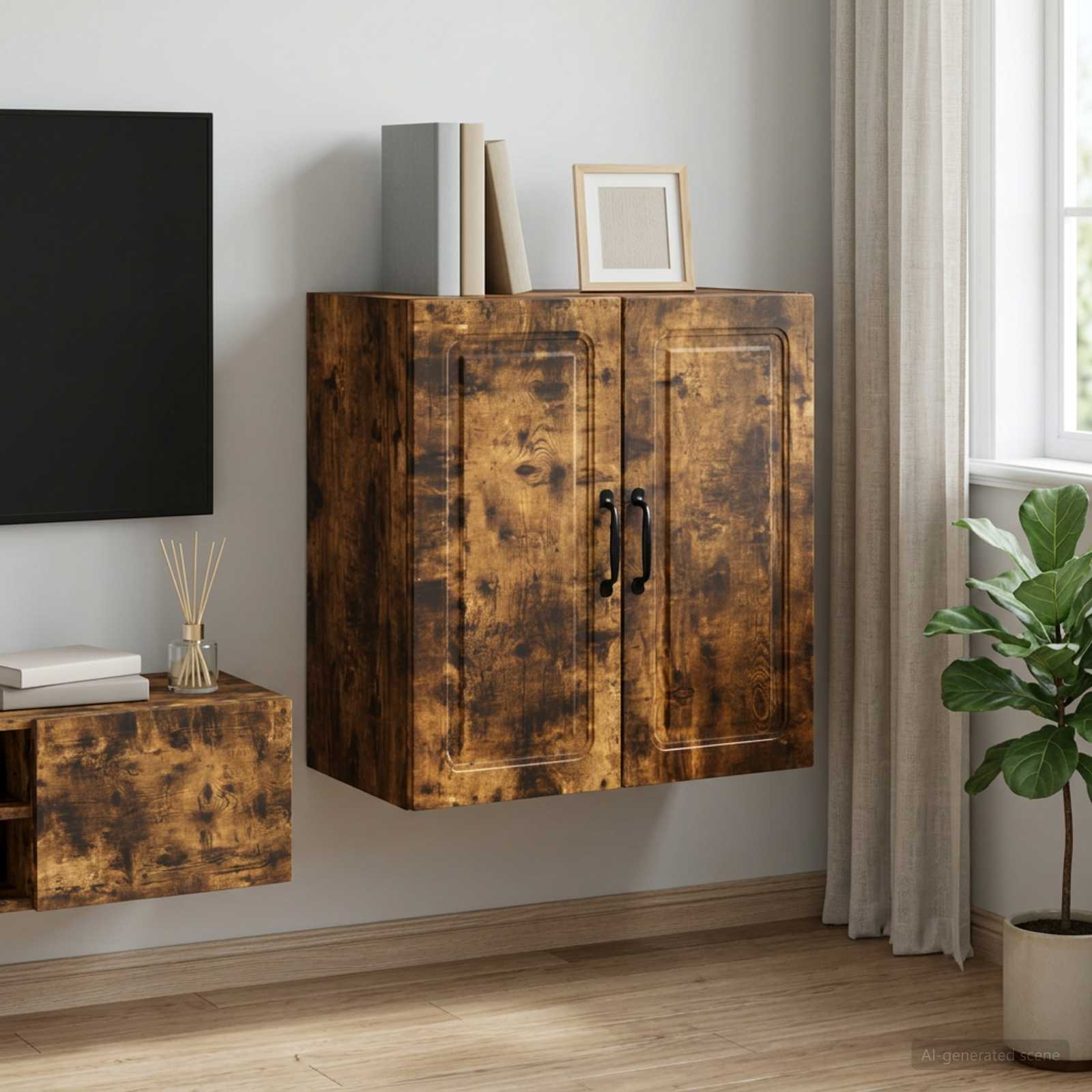 Wandkast Gerookt eiken 59 x 31 x 60 cm Bewerkt hout – afbeelding 1