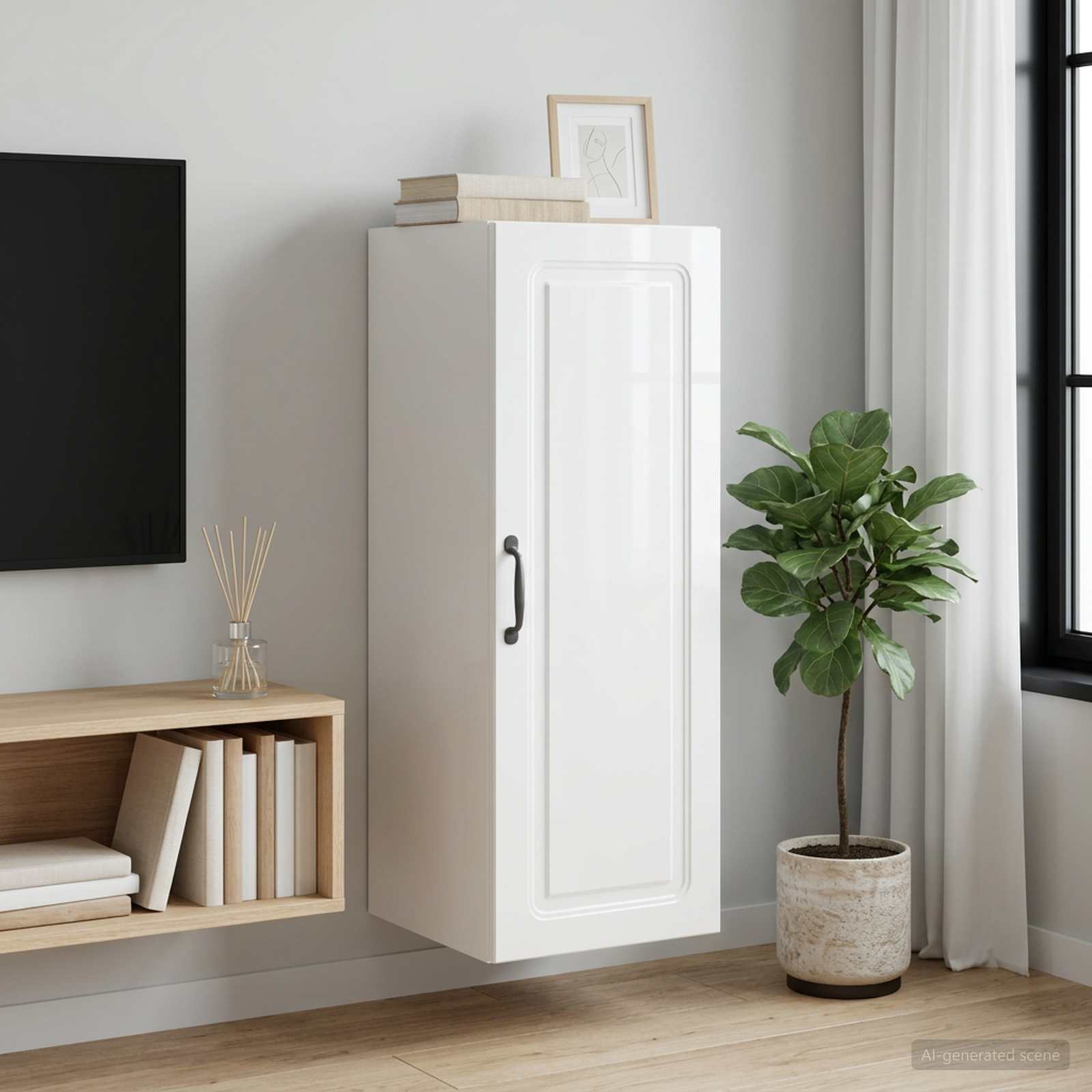 Wandkast Hoogglans Wit 33 x 34,5 x 90 cm Bewerkt hout – afbeelding 1