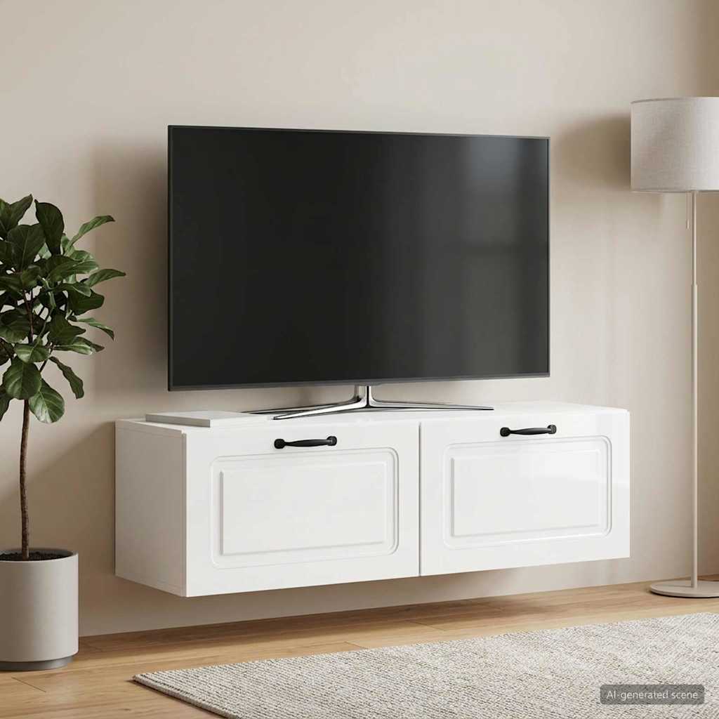 Wandbeugel TV-kast Hoogglans Wit 98 x 31 x 30 cm Bewerkt hout
