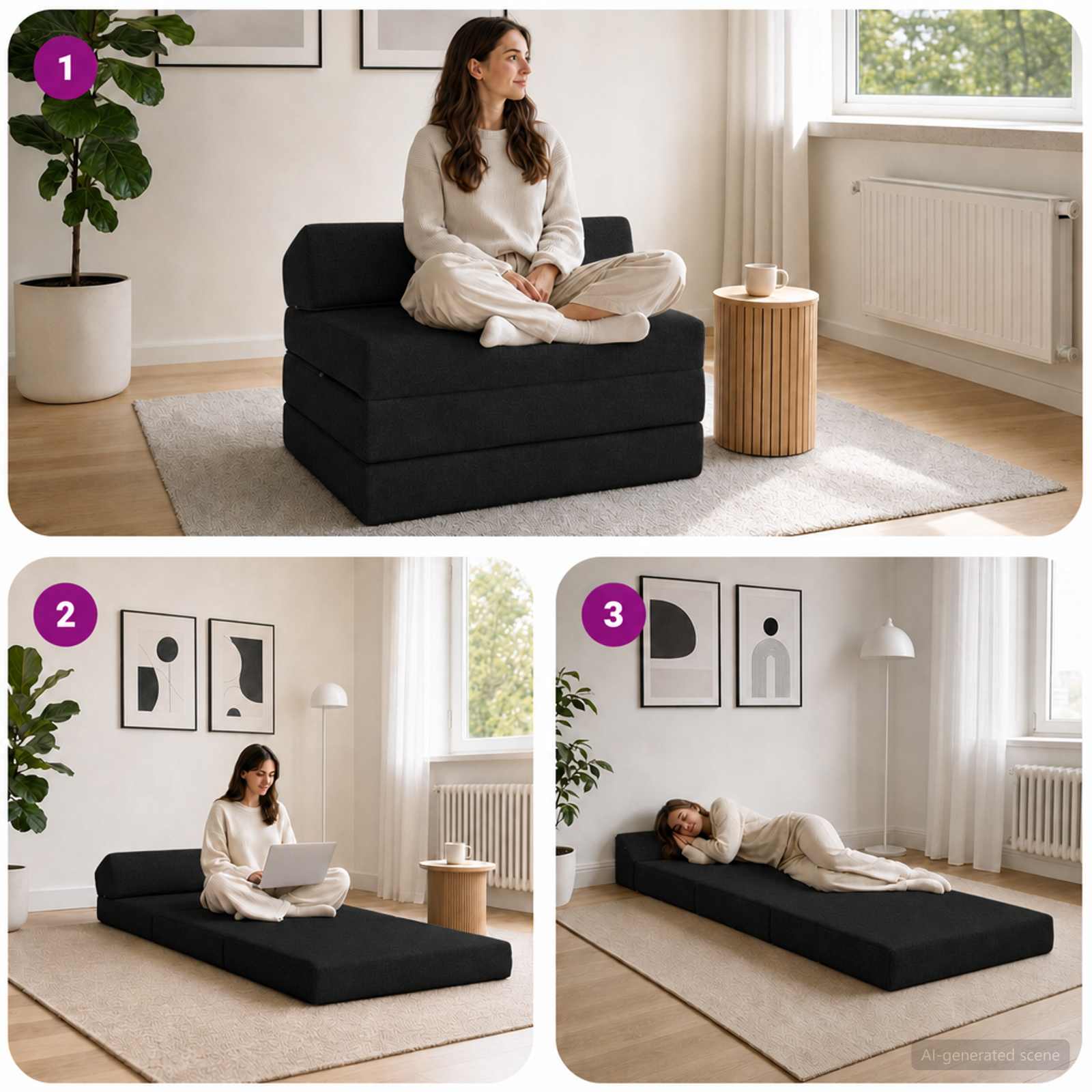 Vouwbare Bankbed Zwart 200 x 70 x 10 cm Stof – afbeelding 7