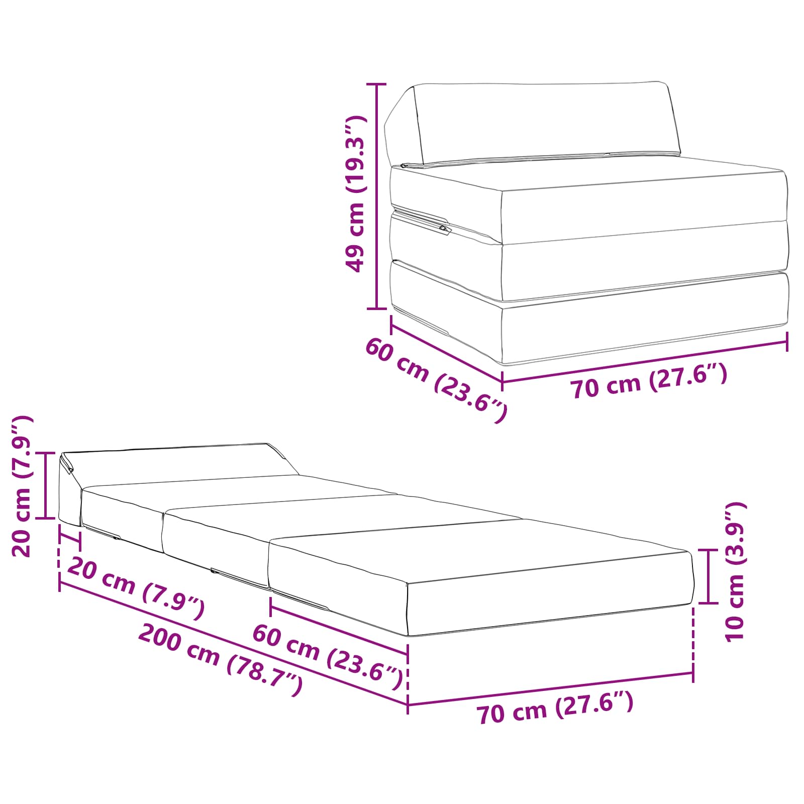 Vouwbare Bankbed Donkergrijs 200 x 70 x 10 cm Fluweel – afbeelding 9