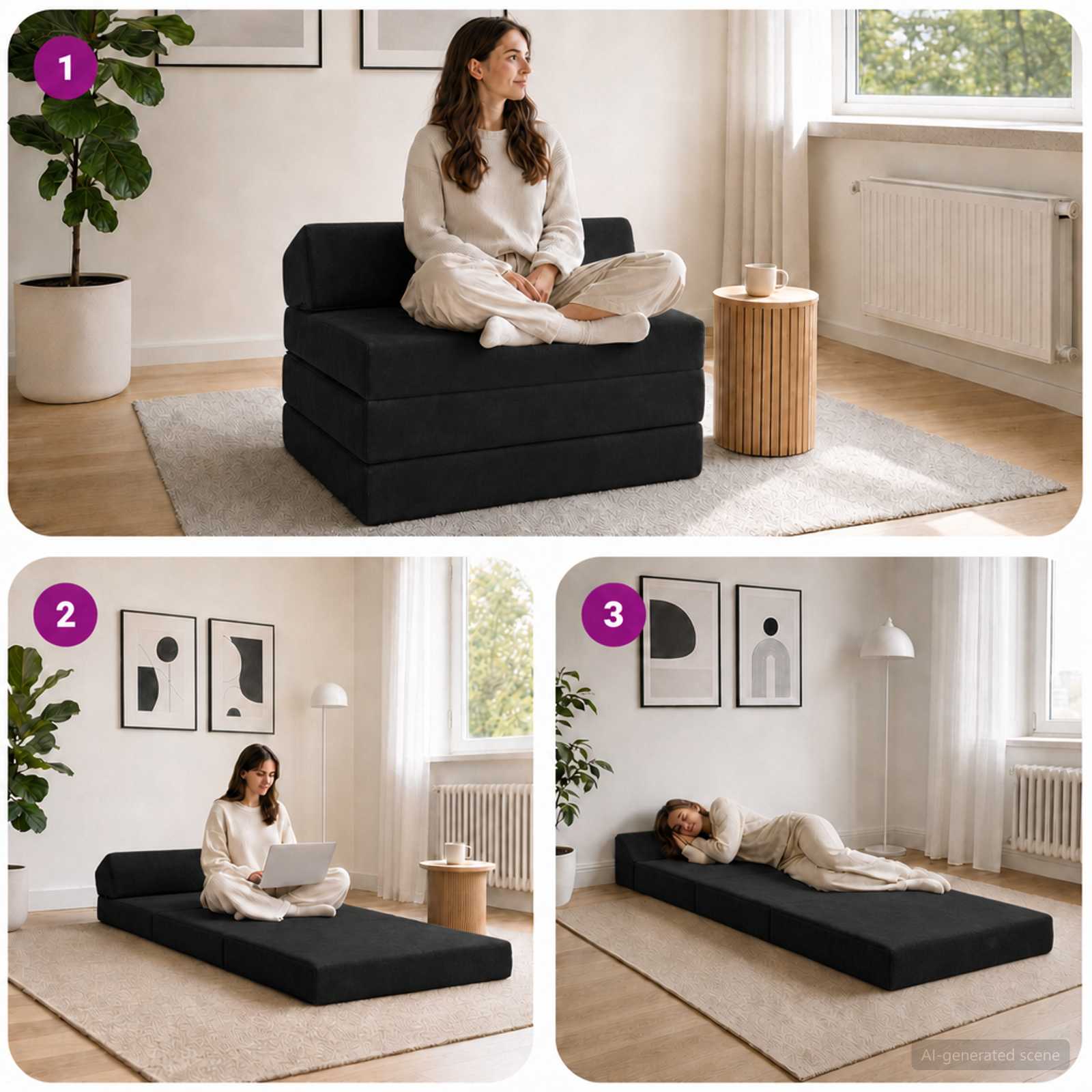 Vouwbare Bankbed Zwart 200 x 70 x 10 cm Fluweel – afbeelding 7