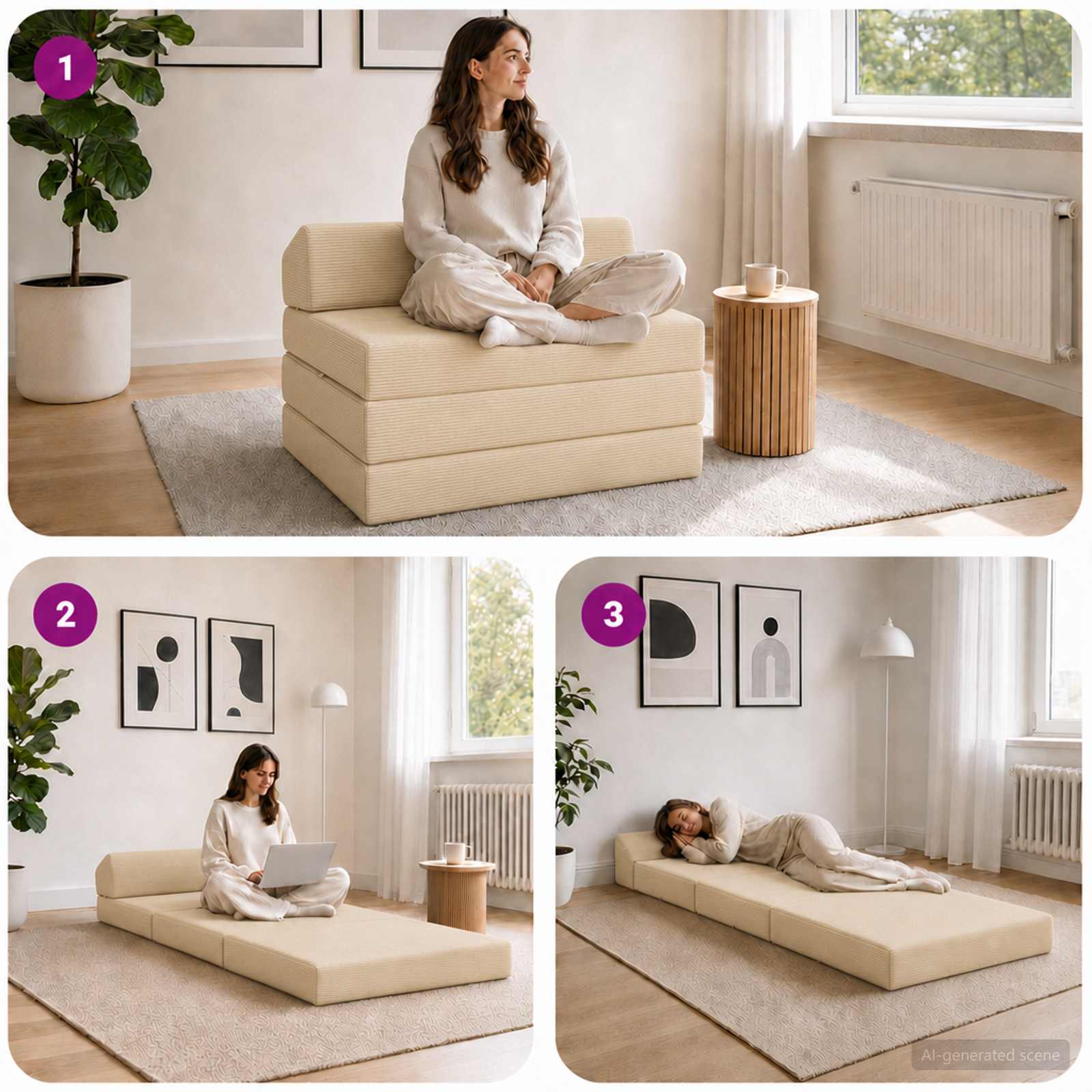 Vouwbare Bankbed Crèmekleurig 200 x 70 x 10 cm Katoen Stof – afbeelding 7