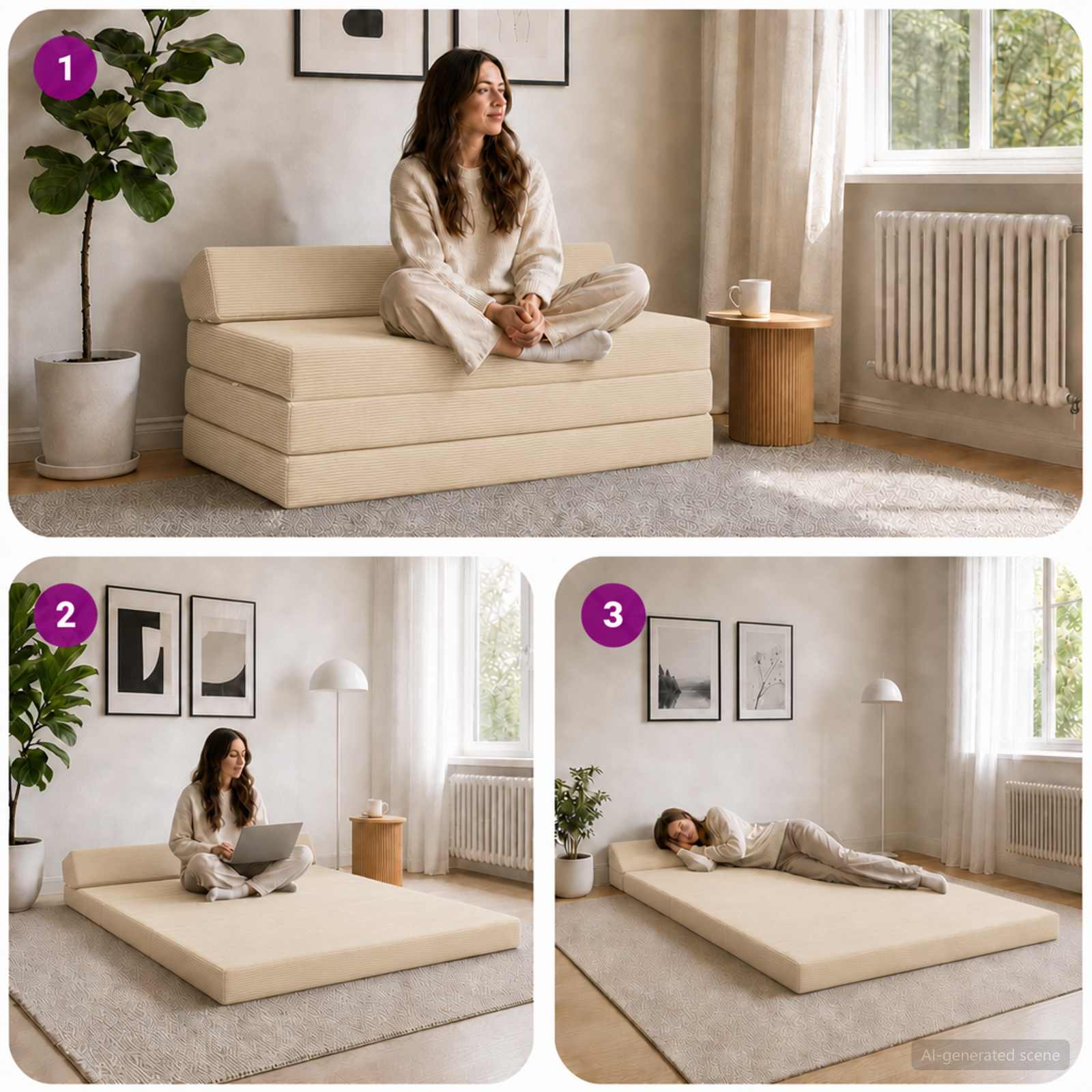 Vouwbare Bankbed Crèmekleurig 120 x 60 x 49 cm Stof – afbeelding 7