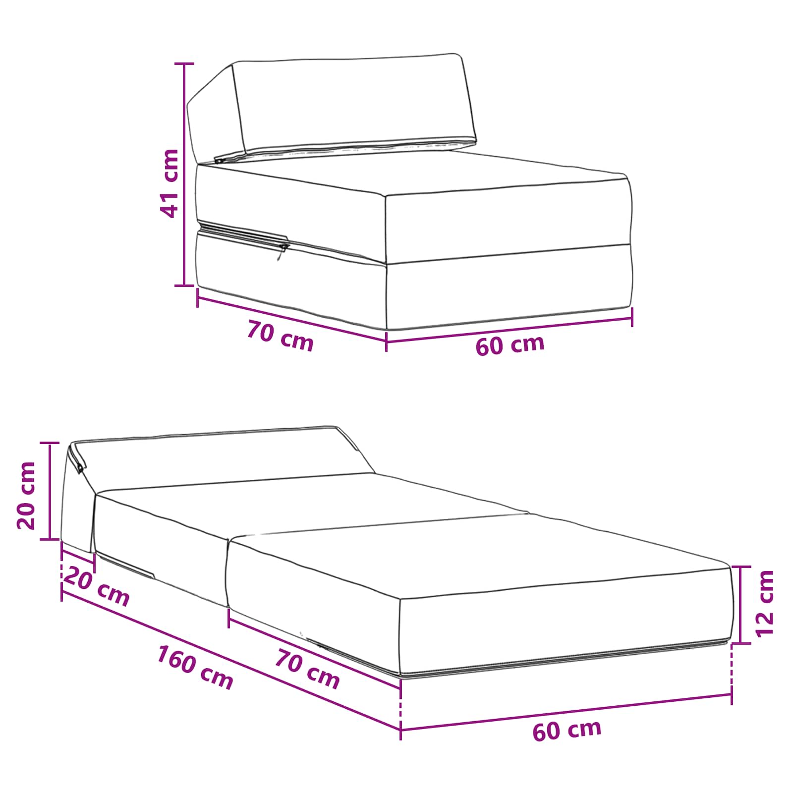 Vouwbare Bankbed Lichtgrijs 60 x 70 x 41 cm Stof – afbeelding 10