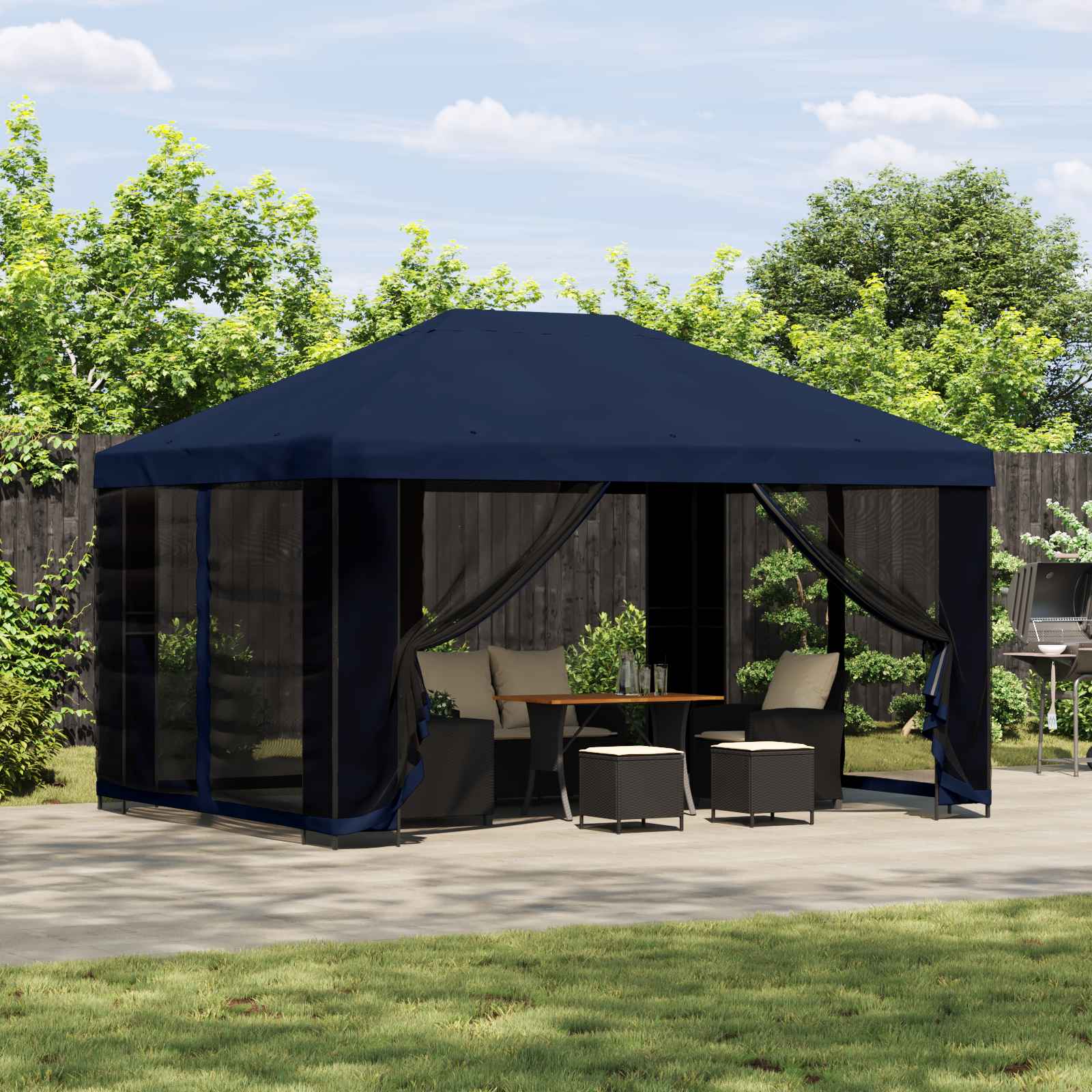 Tuin Gazebo met Zijwanden 4 × 3 m Blauw Polyester en staal 190 – afbeelding 1